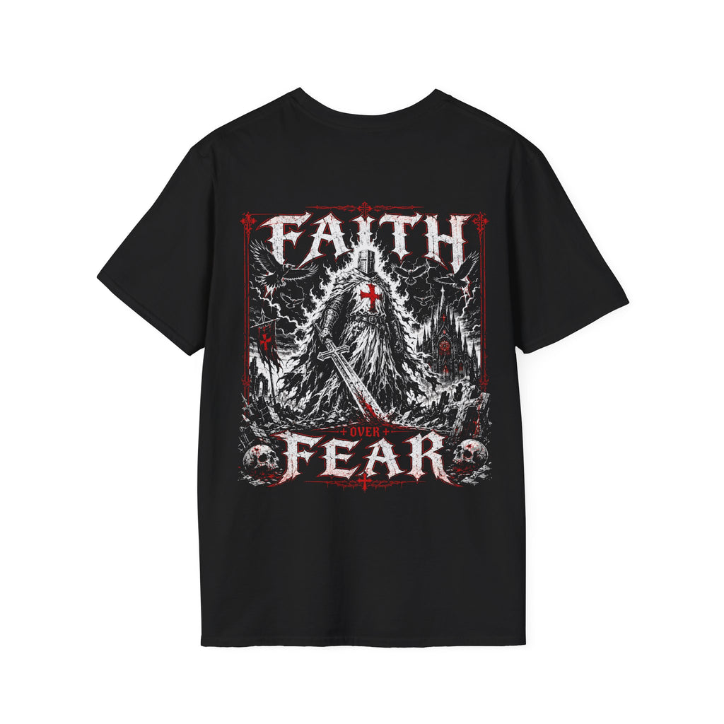 Faith Over Fear Christian Warrior Knight With Cross Storm Gothic Crusader Art Faith Over Fear Scripture Theme T-Shirt
