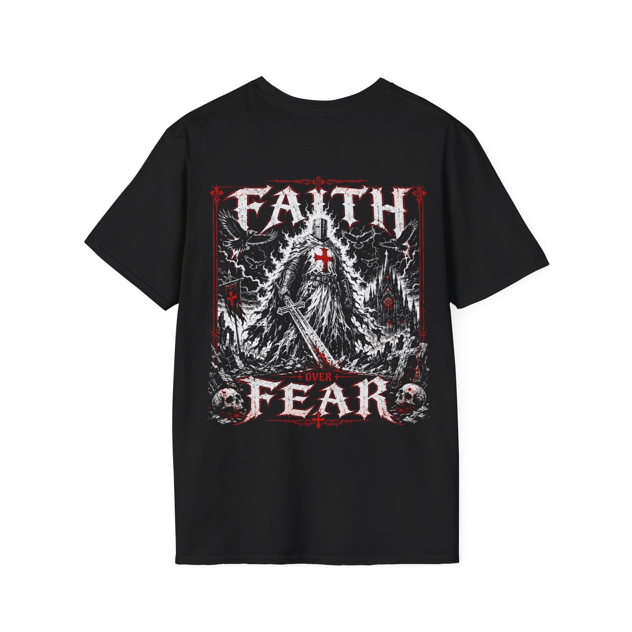 Faith Over Fear Christian Warrior Knight With Cross Storm Gothic Crusader Art Faith Over Fear Scripture Theme T-Shirt