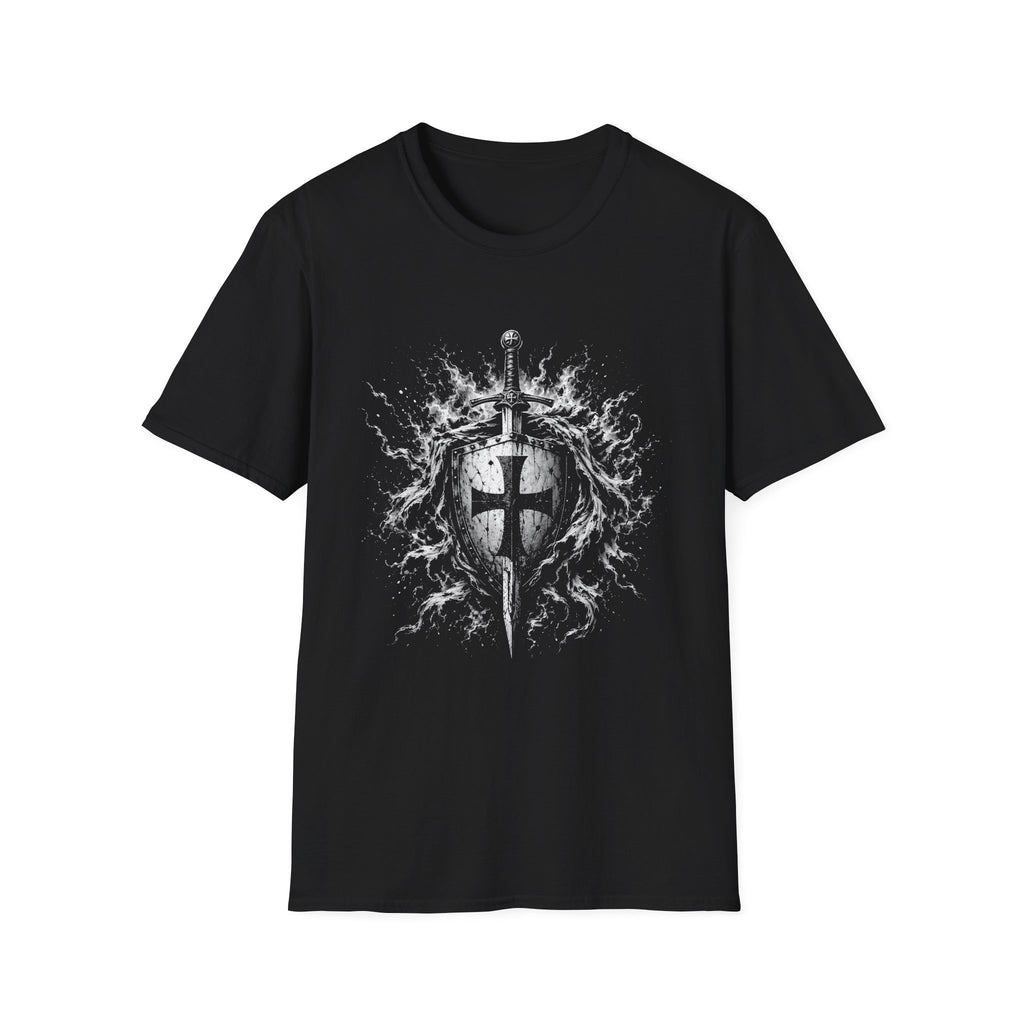 Medieval Crusader Knight Sword And Shield With Flaming Cross Emblem Fantasy Warrior Art T-Shirt
