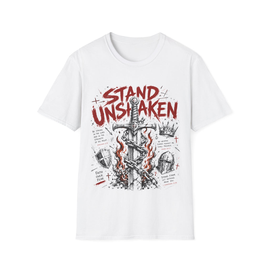 Stand Unshaken Christian Warrior Sword Cross Armor Faith Over Fear Bible Verse Ephesians 6 Isaiah 54 T-Shirt
