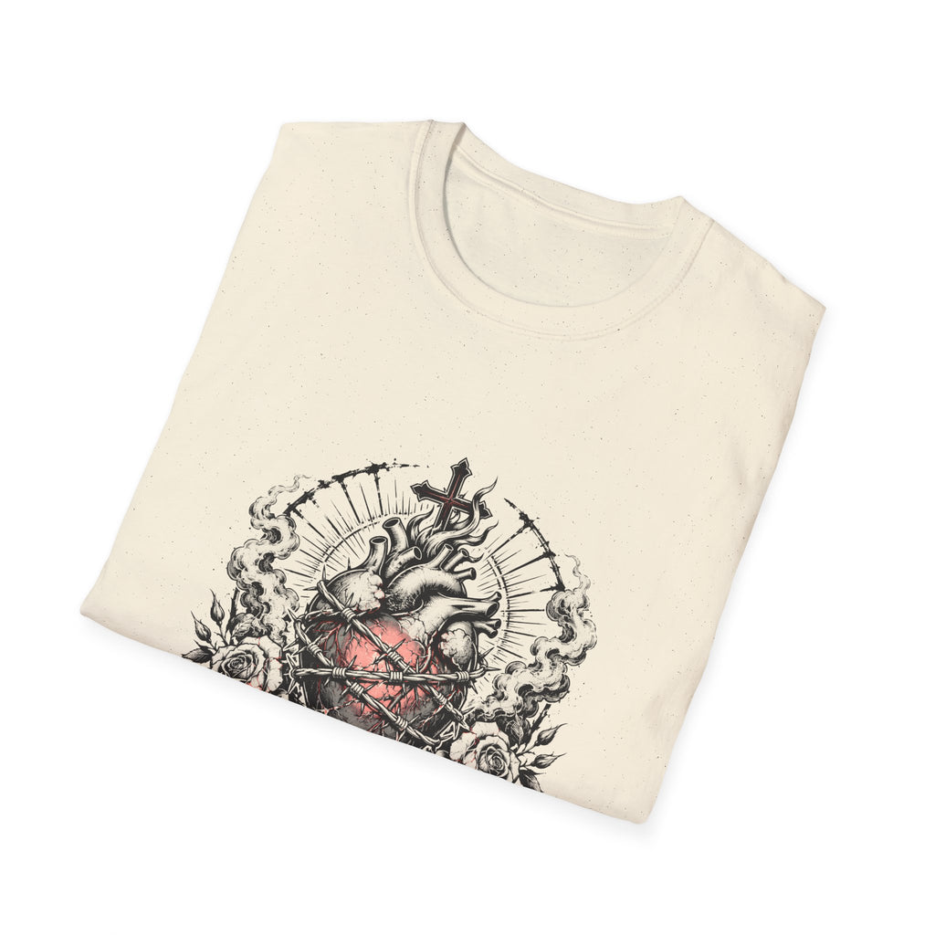 Sacred Heart Barbed Wire Cross Dark Roses Anatomical Heart T-Shirt