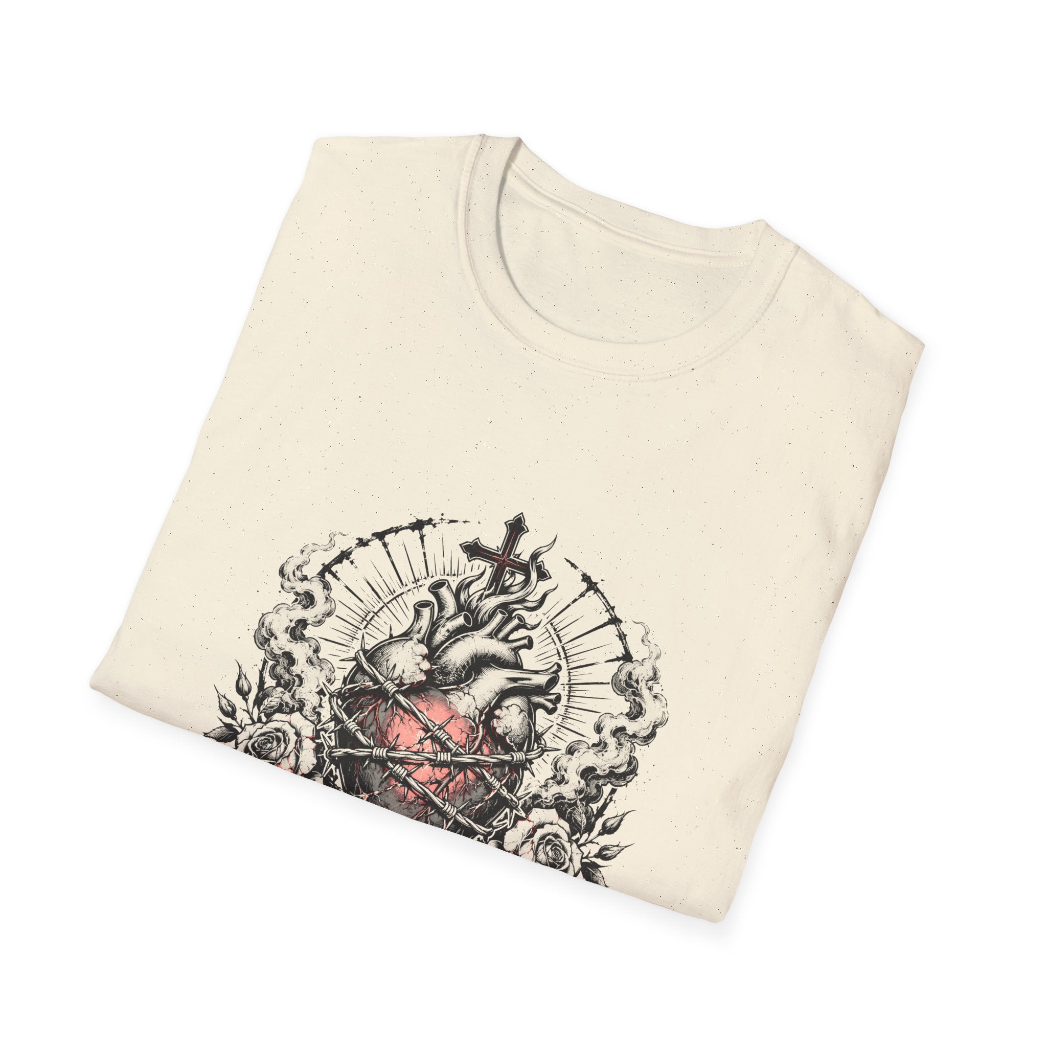 Sacred Heart Barbed Wire Cross Dark Roses Anatomical Heart T-Shirt