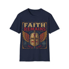 Faith Remains Crusader Helmet With Wings Christian Warrior Cross Vintage Medieval Art Style T-Shirt