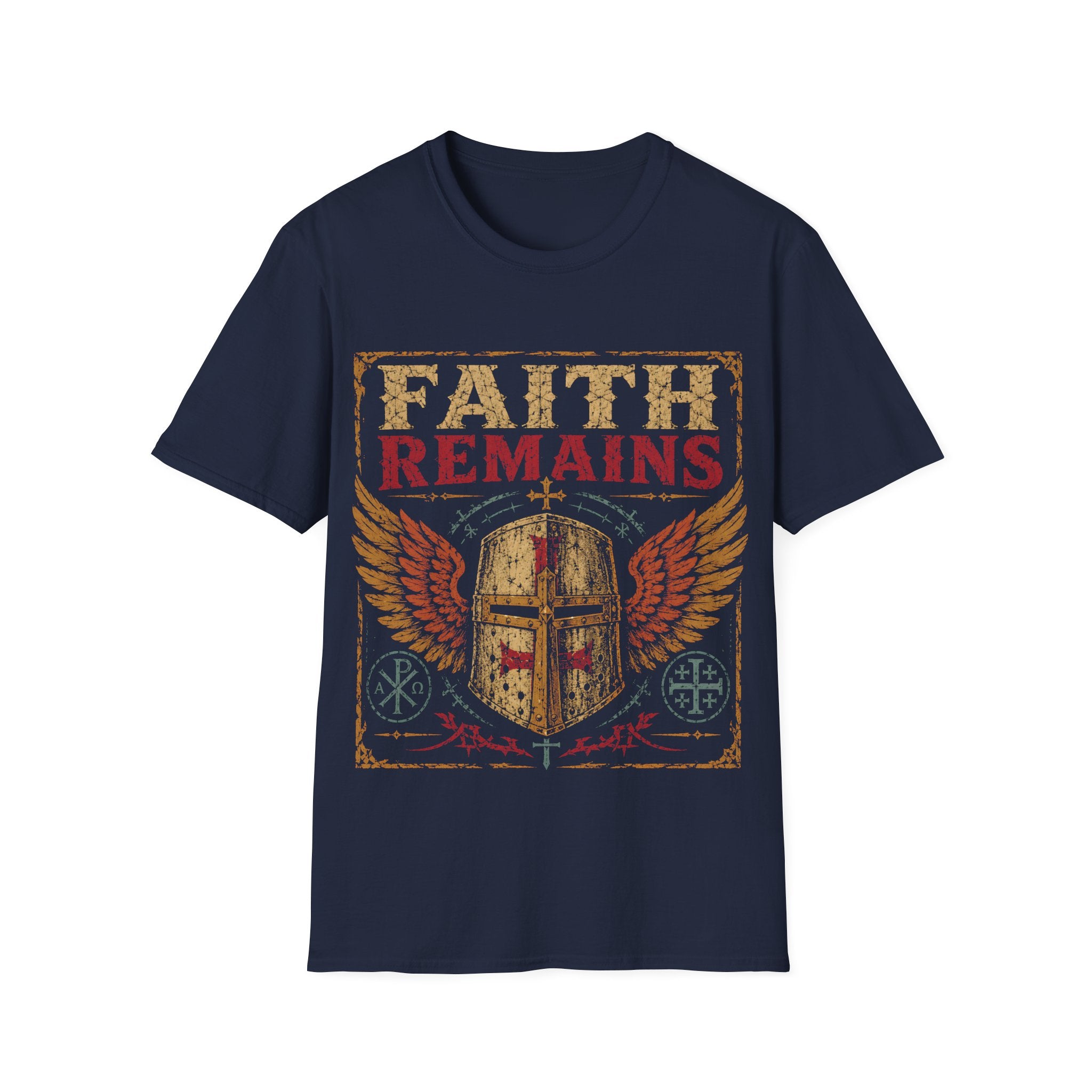 Faith Remains Crusader Helmet With Wings Christian Warrior Cross Vintage Medieval Art Style T-Shirt