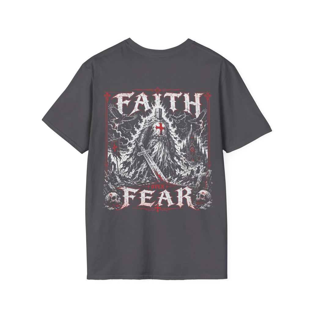 Faith Over Fear Christian Warrior Knight With Cross Storm Gothic Crusader Art Faith Over Fear Scripture Theme T-Shirt