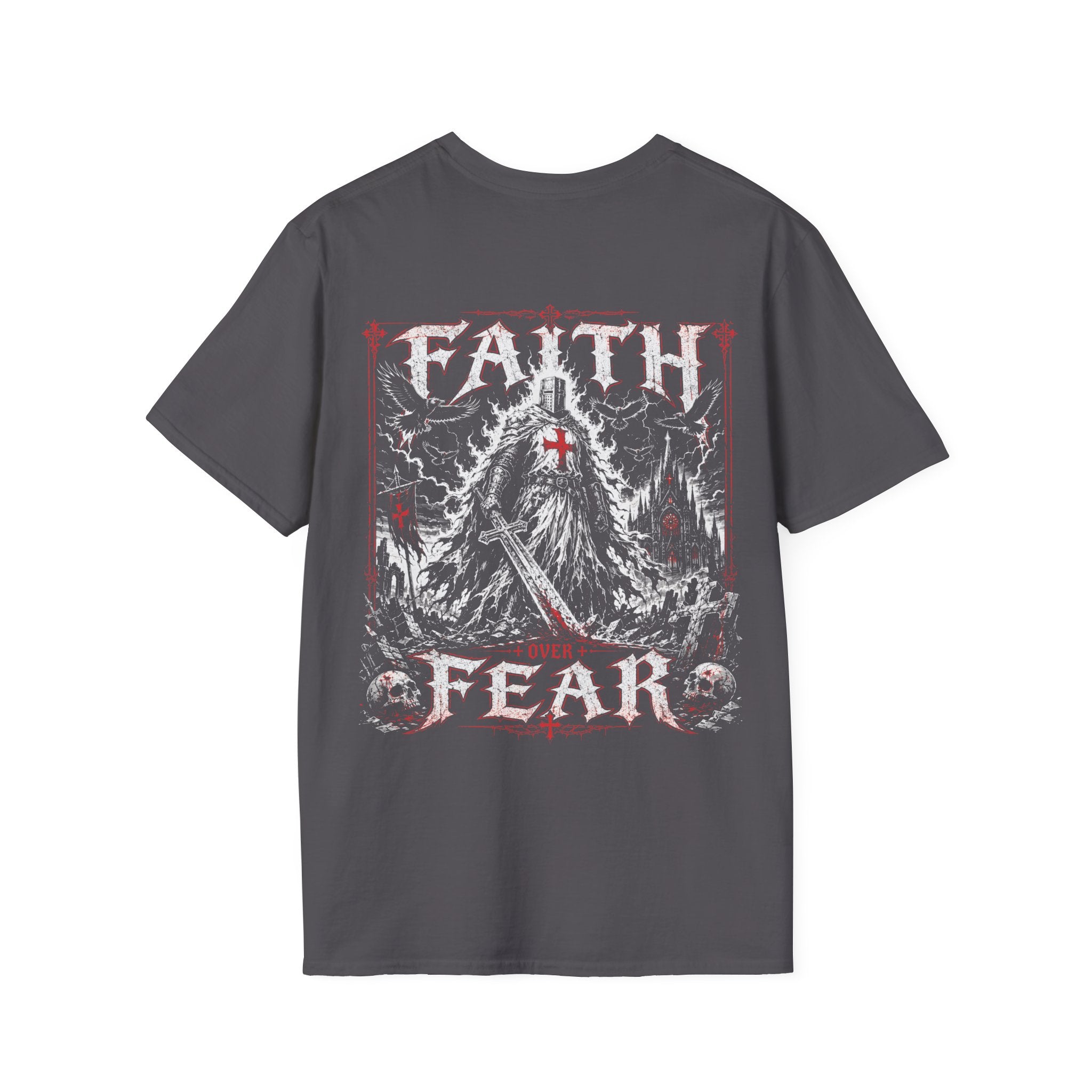 Faith Over Fear Christian Warrior Knight With Cross Storm Gothic Crusader Art Faith Over Fear Scripture Theme T-Shirt