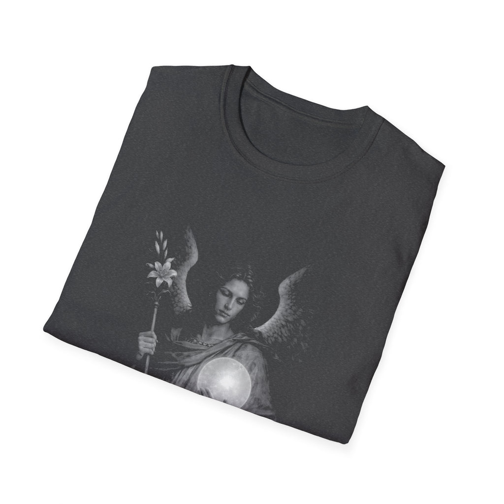 Archangel guardian with moon orb and white lily spiritual angelic symbol for gothic aesthetic lovers T-Shirt