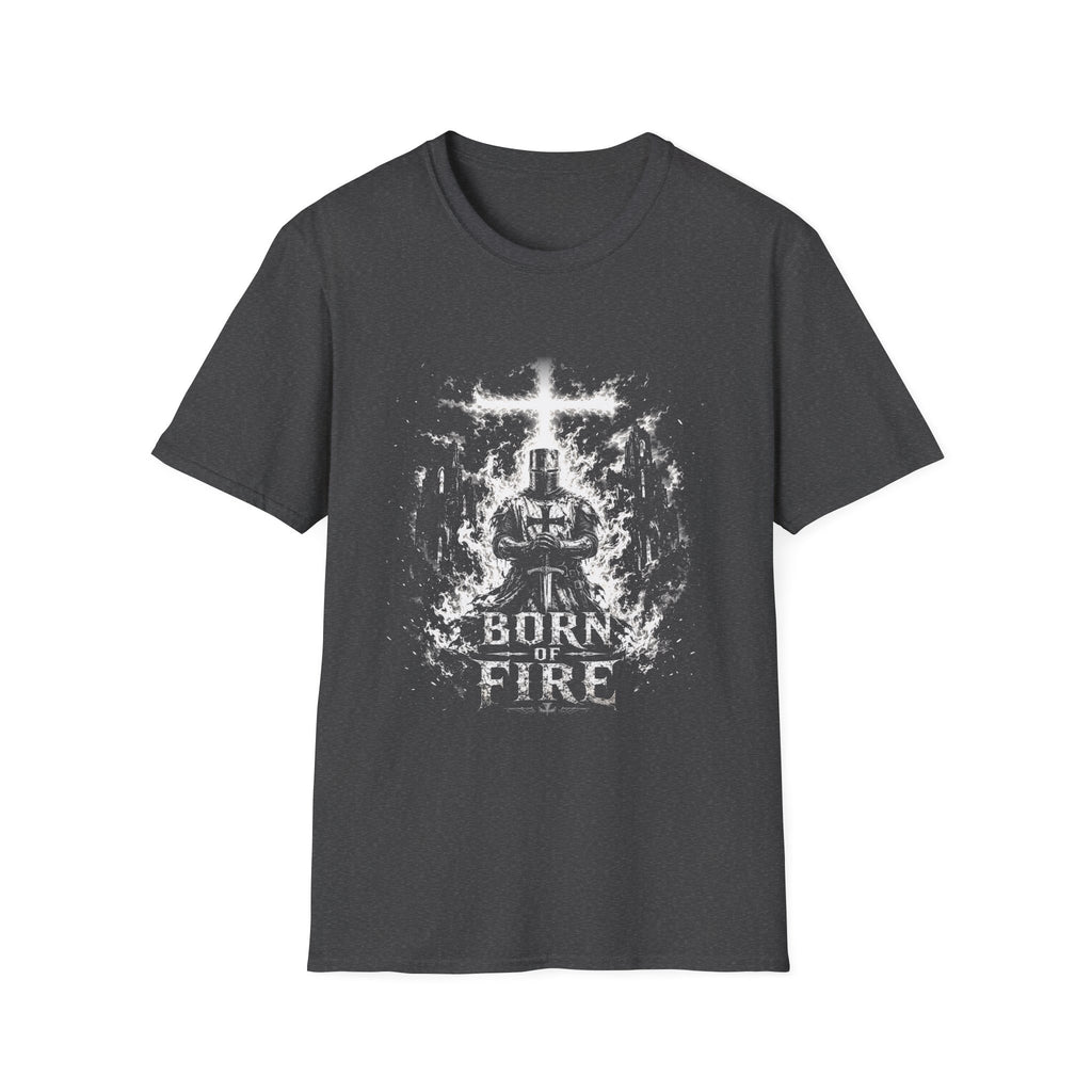 Born Of Fire Christian Knight Cross Crusader Medieval Warrior Faith Flames T-Shirt
