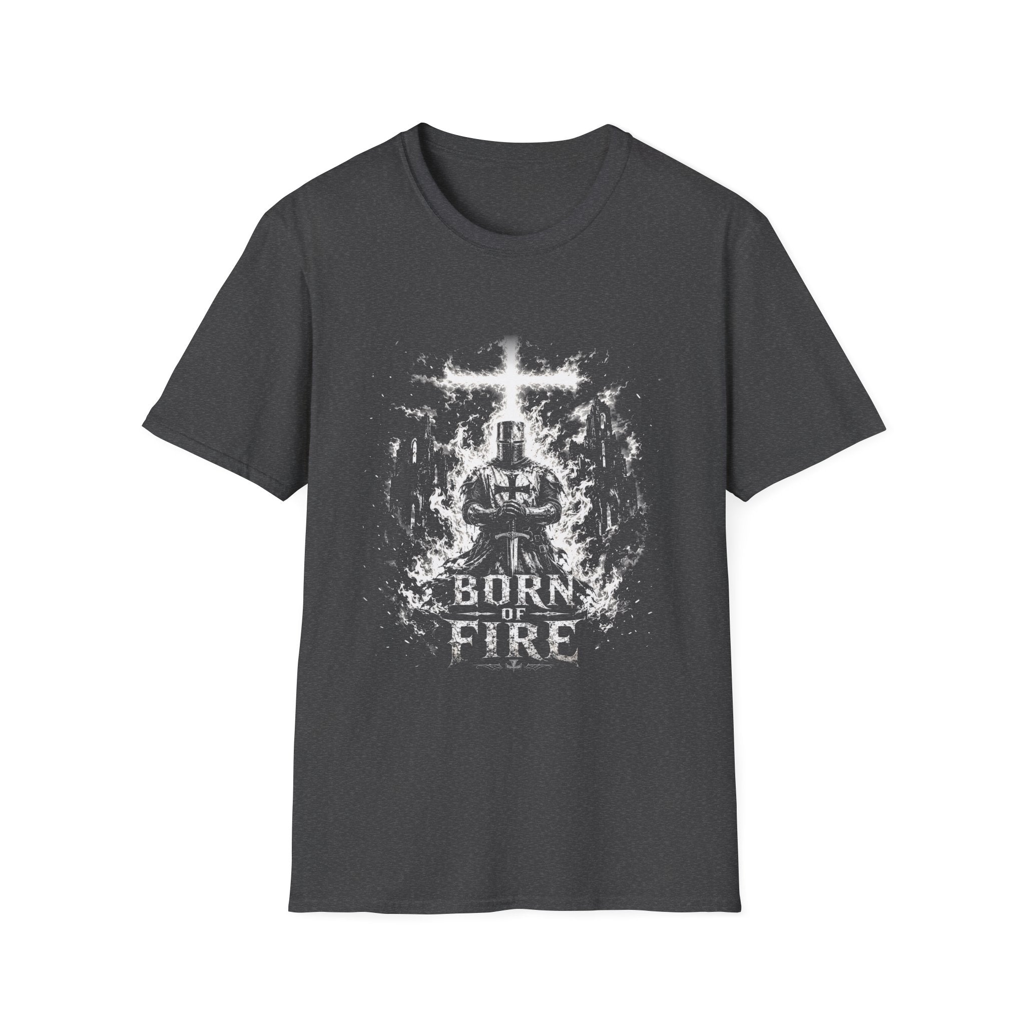 Born Of Fire Christian Knight Cross Crusader Medieval Warrior Faith Flames T-Shirt