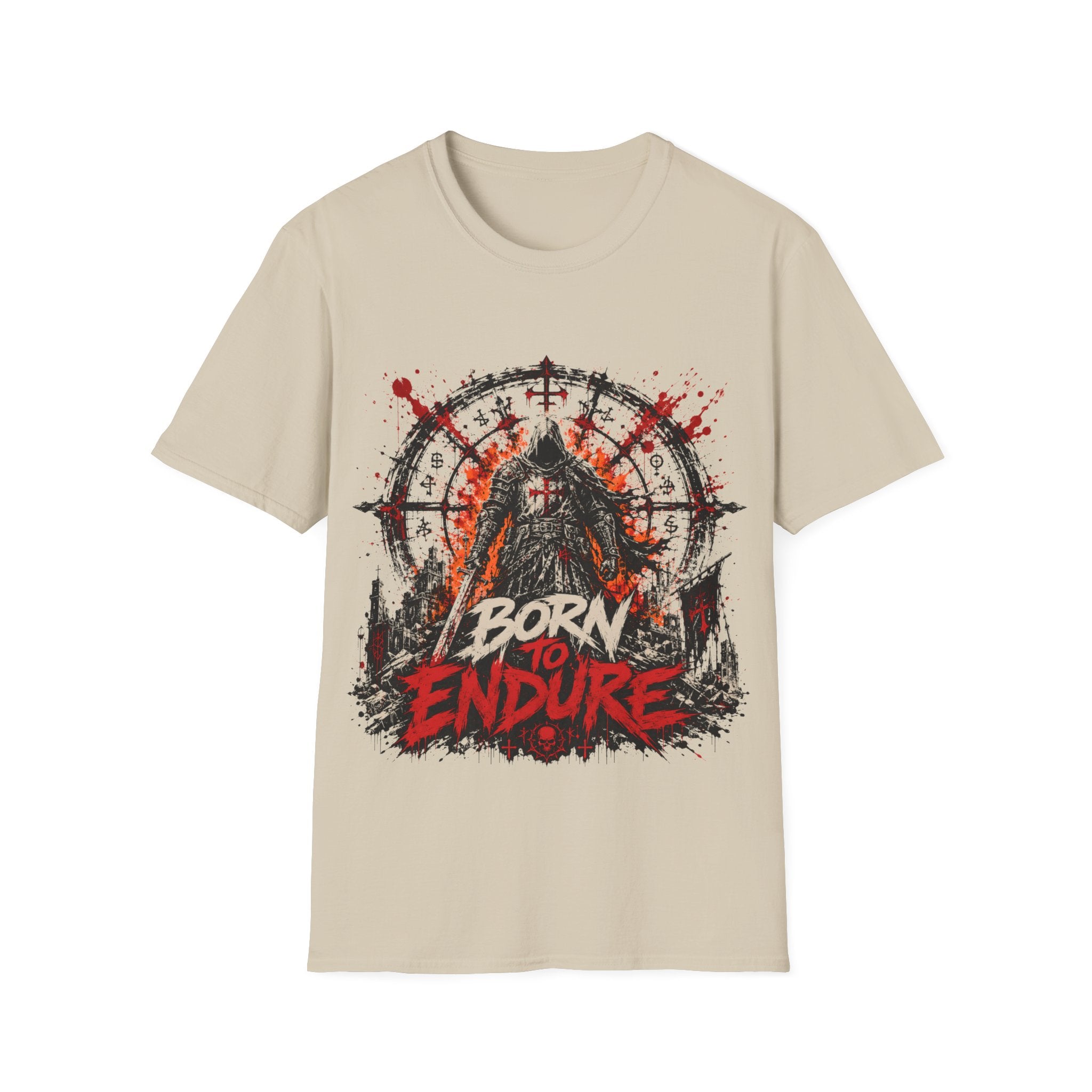 Born To Endure Dark Fantasy Warrior Knight Gothic Crusader Symbol T-Shirt