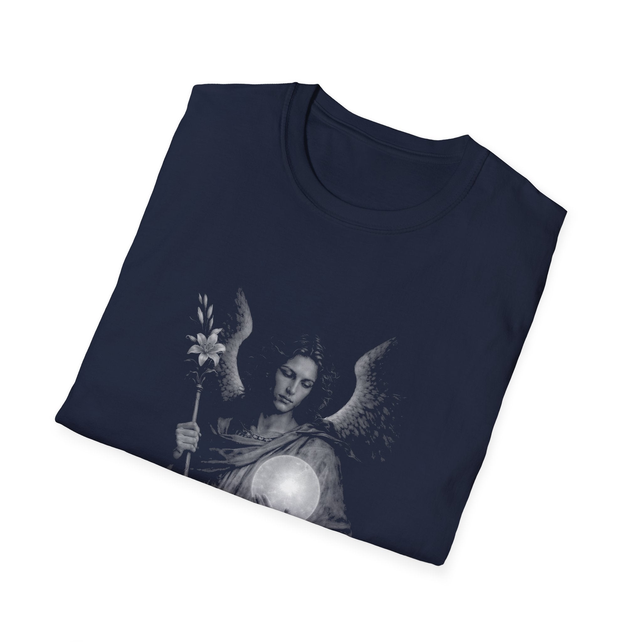 Archangel guardian with moon orb and white lily spiritual angelic symbol for gothic aesthetic lovers T-Shirt