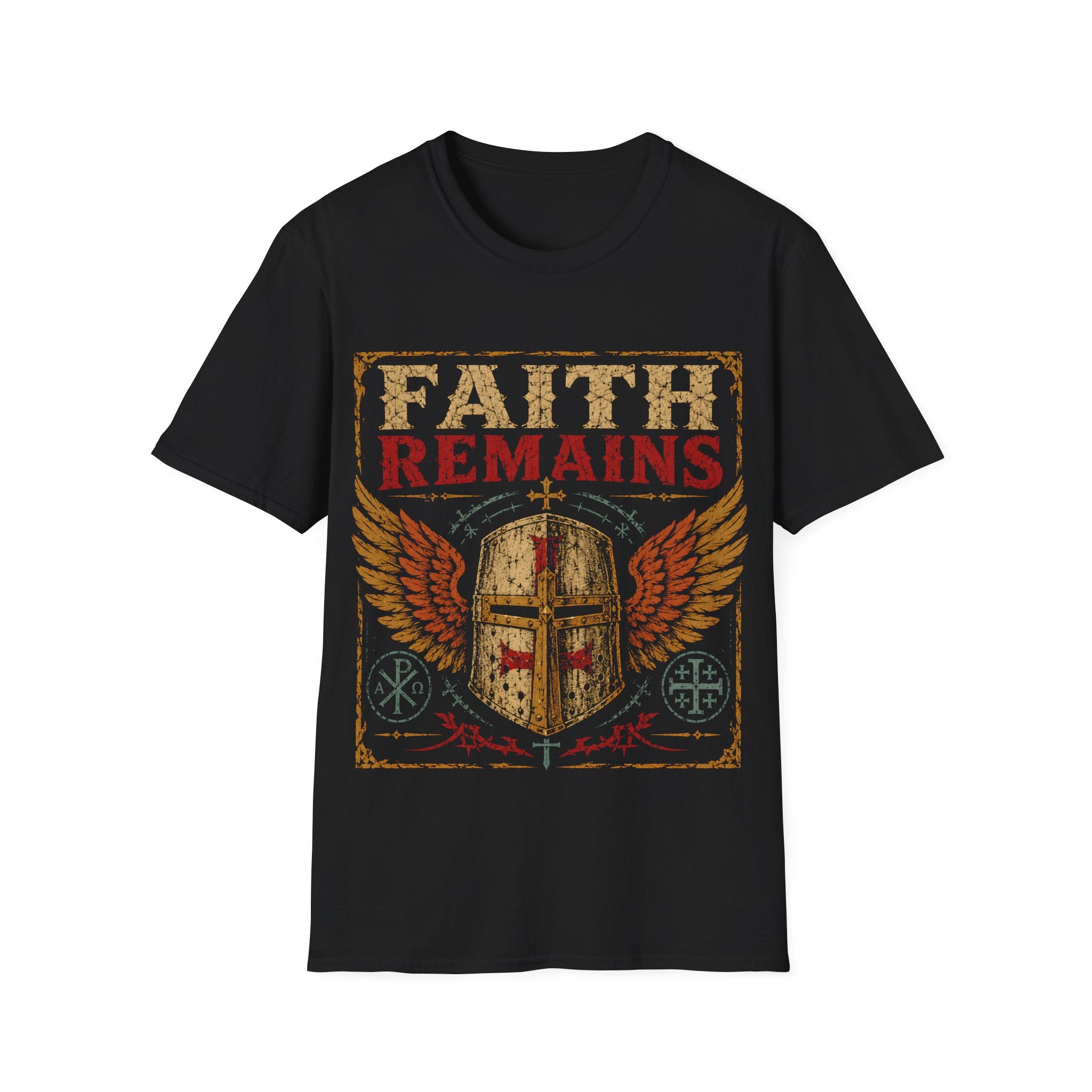 Faith Remains Crusader Helmet With Wings Christian Warrior Cross Vintage Medieval Art Style T-Shirt