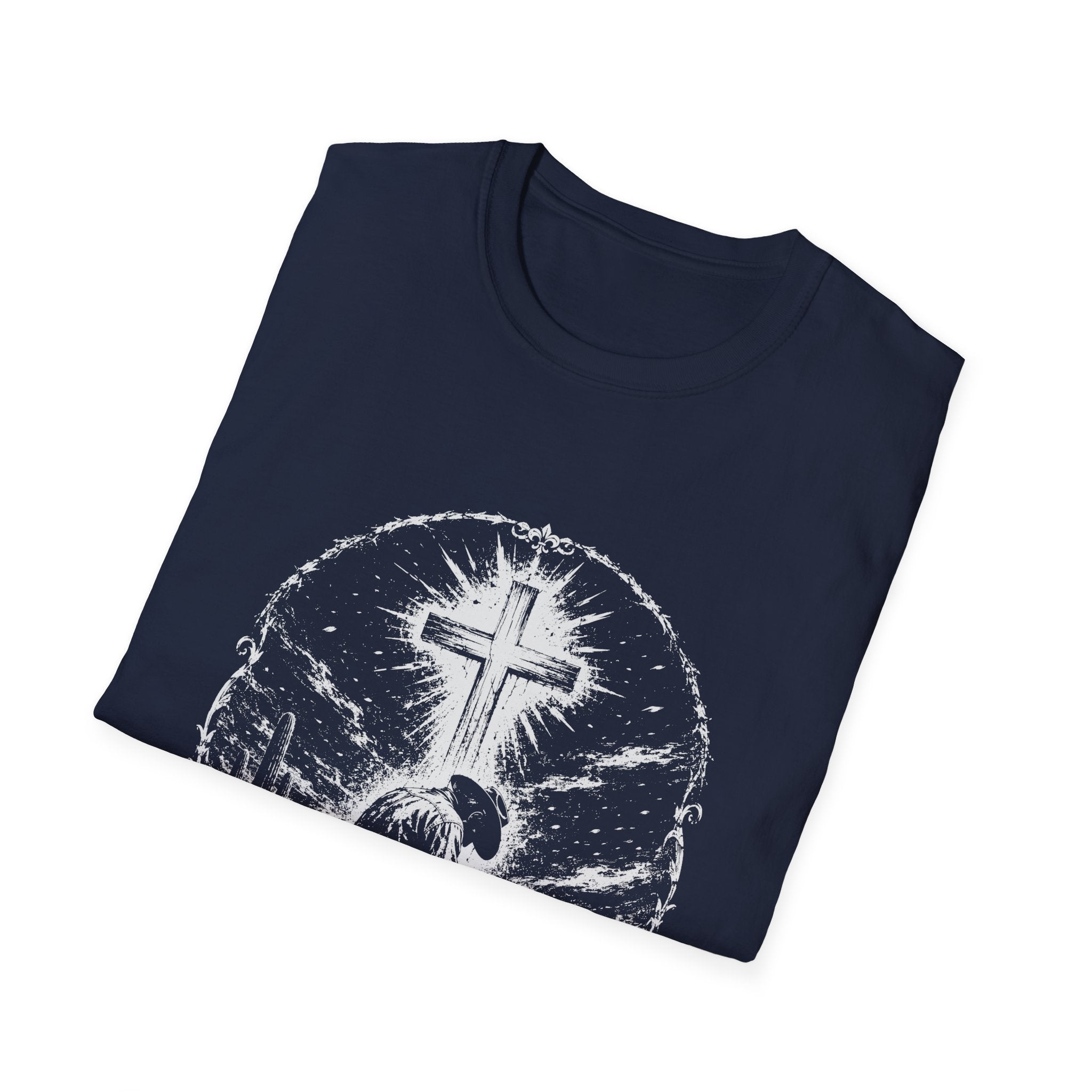 Cowboy Kneeling In Prayer Under Radiant Cross Western Christian Faith Desert Spiritual Scene T-Shirt