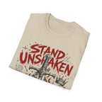 Stand Unshaken Christian Warrior Sword Cross Armor Faith Over Fear Bible Verse Ephesians 6 Isaiah 54 T-Shirt