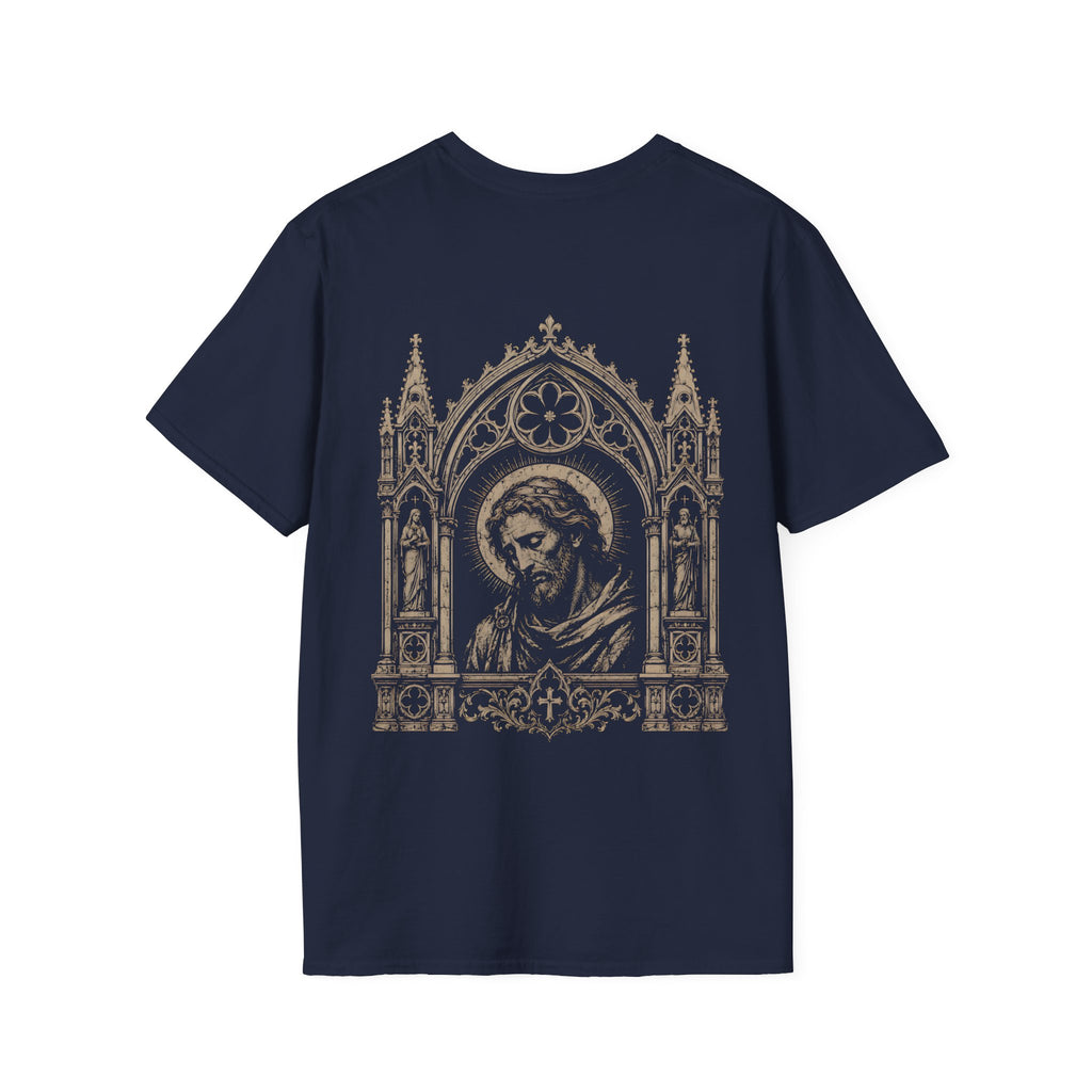 BACKPRINT Gothic Sacred Christ Portrait In Ornate Cathedral Arch Christian Religious Icon T-Shirt