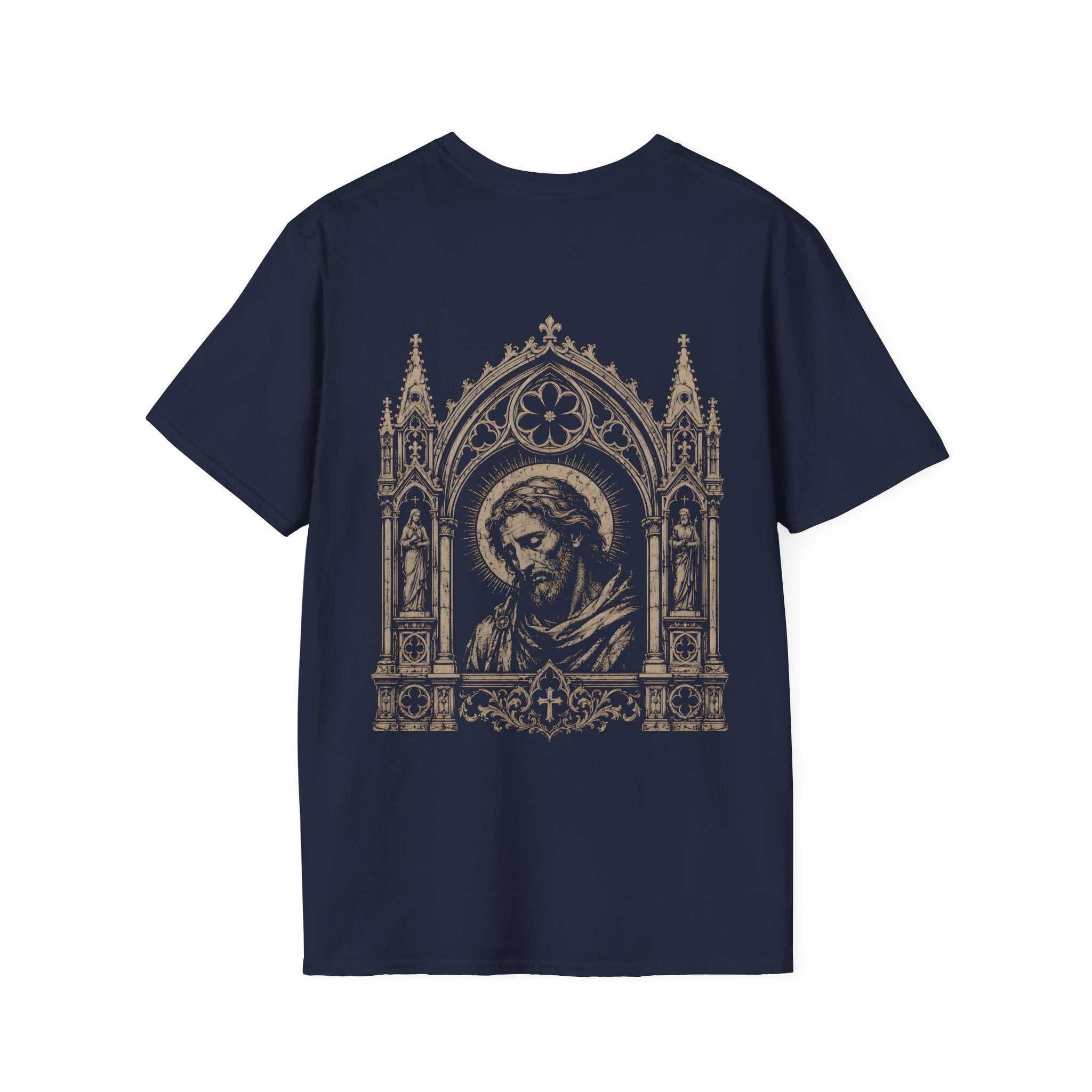 BACKPRINT Gothic Sacred Christ Portrait In Ornate Cathedral Arch Christian Religious Icon T-Shirt