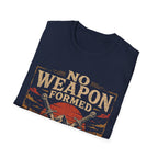 No Weapon Formed Isaiah 54 17 Christian Warrior Crossed Swords Mountain Sunset Faith T-Shirt
