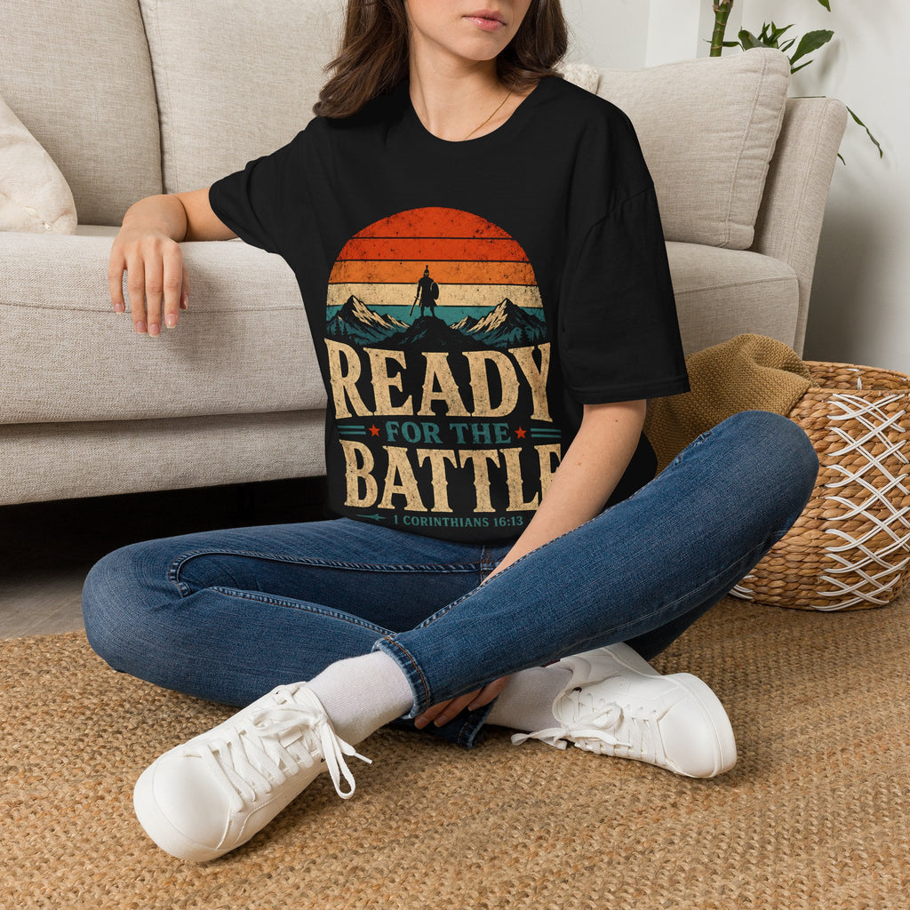 Ready For The Battle 1 Corinthians 16 13 Christian Warrior Mountain Sunset T-Shirt