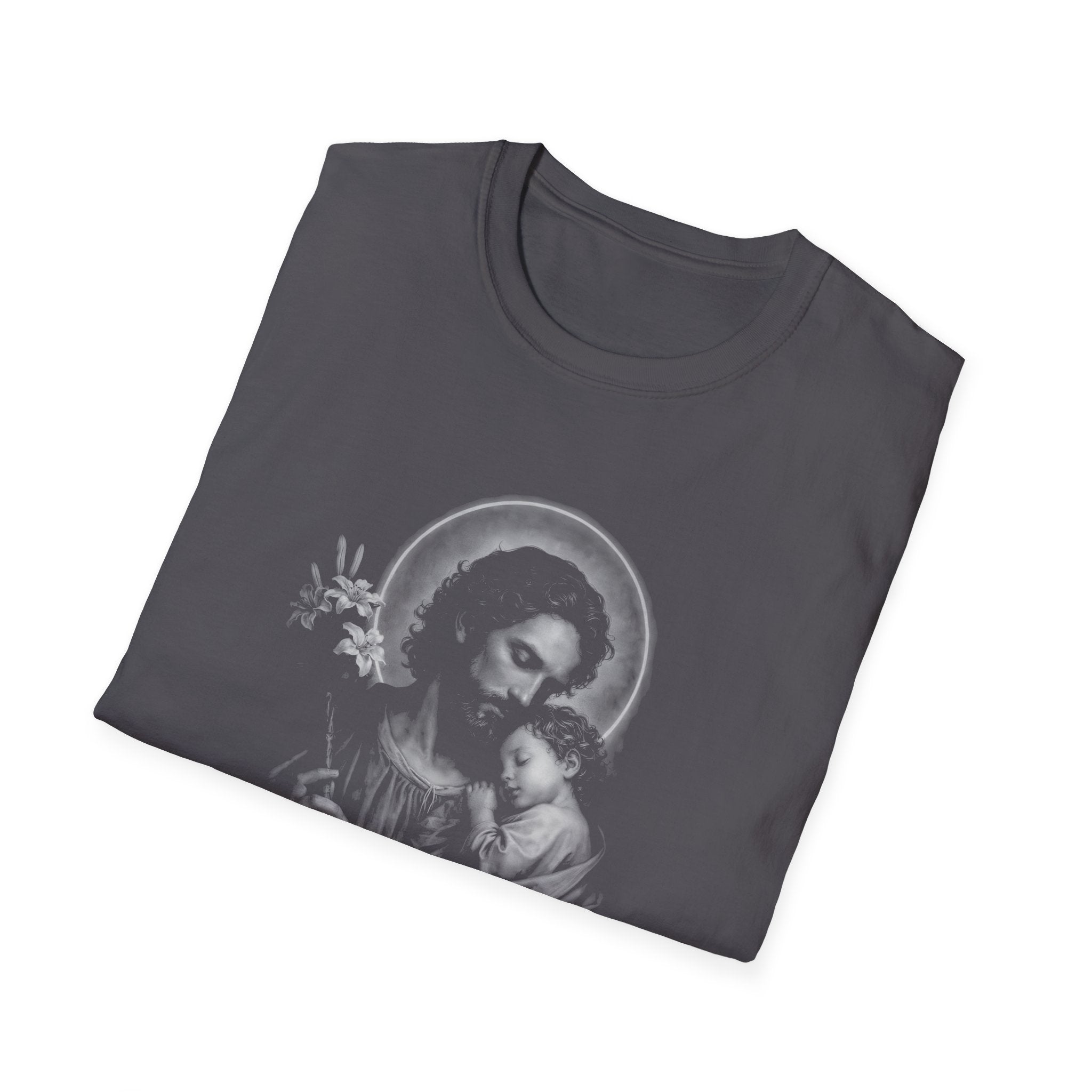 saint joseph holding child jesus sacred catholic fatherhood devotion and protection T-Shirt