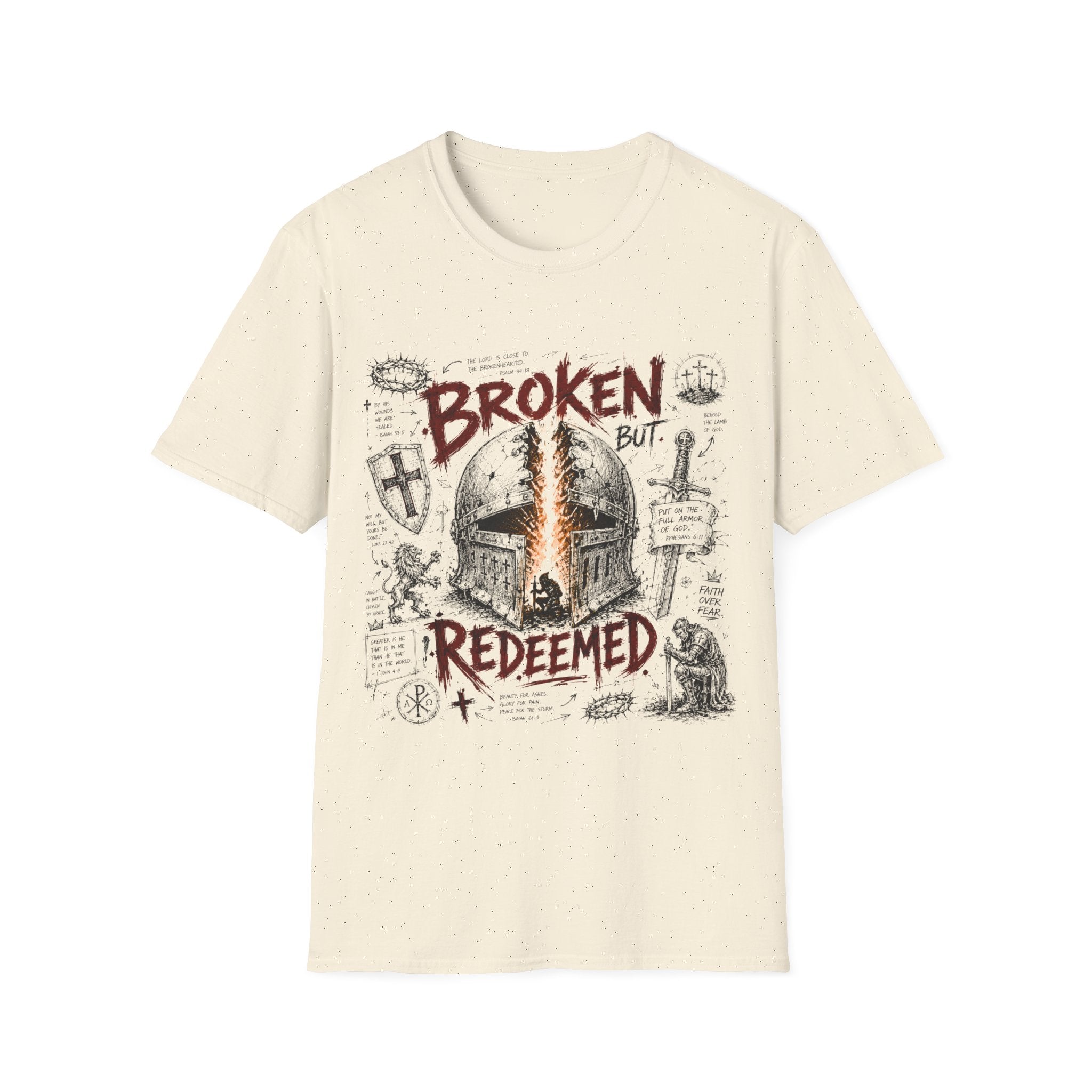 Broken But Redeemed Christian Warrior Armor Of God Faith Over Fear Helmet And Cross T-Shirt