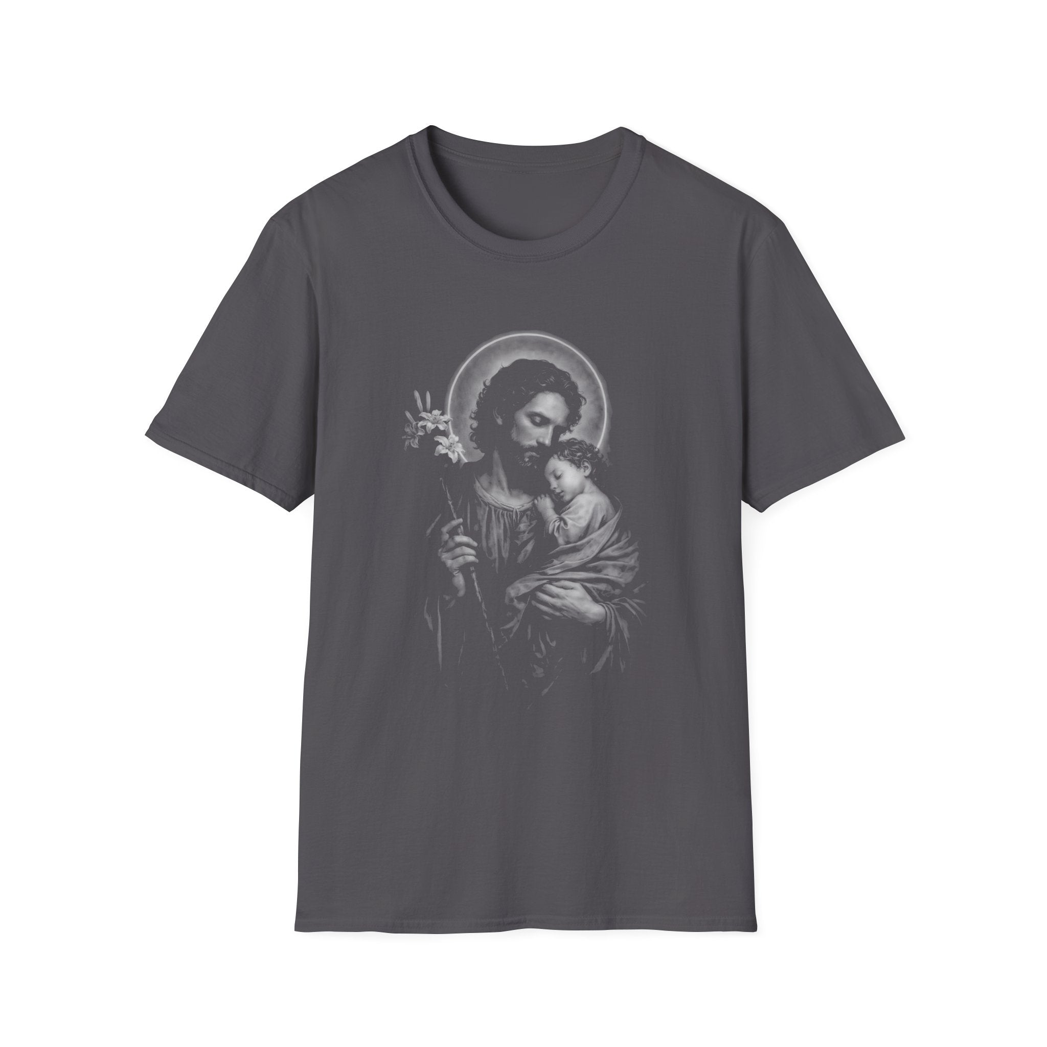 saint joseph holding child jesus sacred catholic fatherhood devotion and protection T-Shirt
