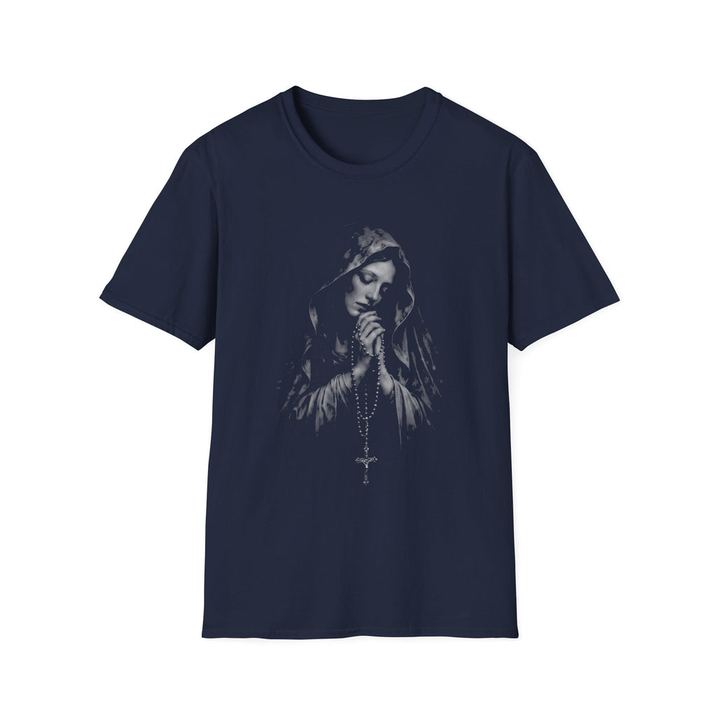 Virgin mary praying with rosary catholic christian marian devotion sacred prayer T-Shirt