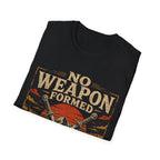 No Weapon Formed Isaiah 54 17 Christian Warrior Crossed Swords Mountain Sunset Faith T-Shirt