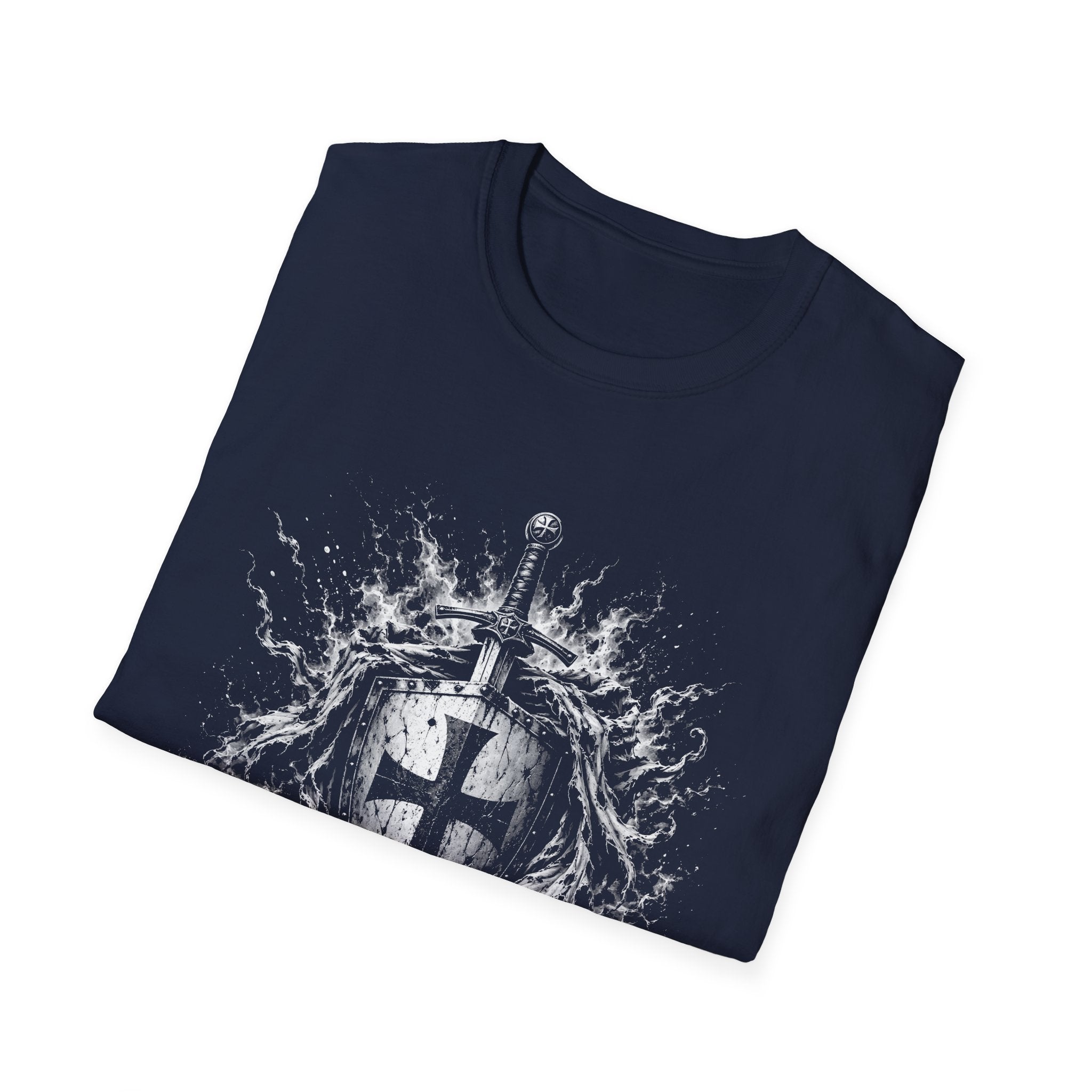 Medieval Crusader Knight Sword And Shield With Flaming Cross Emblem Fantasy Warrior Art T-Shirt