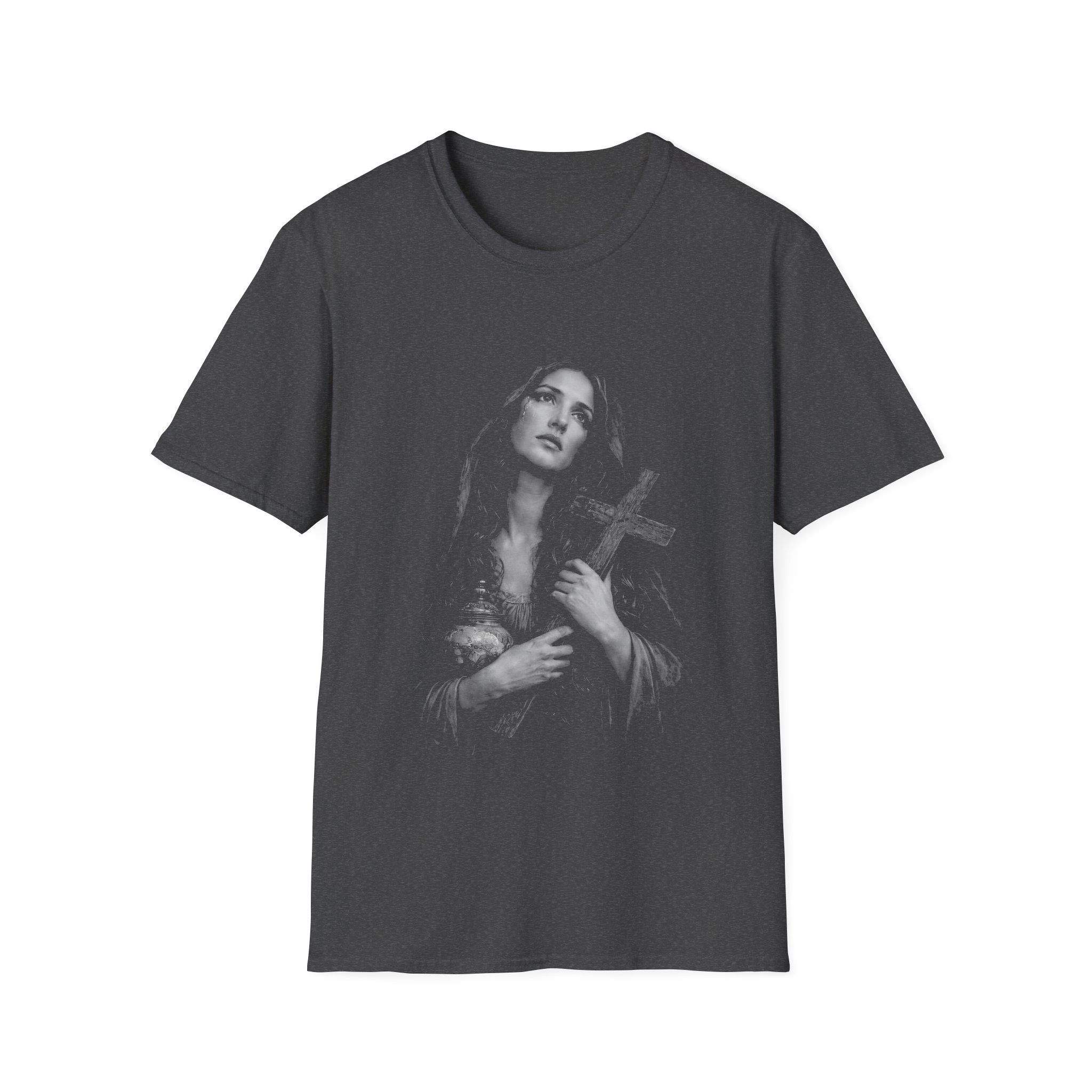 mary magdalene weeping with cross dark christian gothic spiritual portrait in black and white T-Shirt
