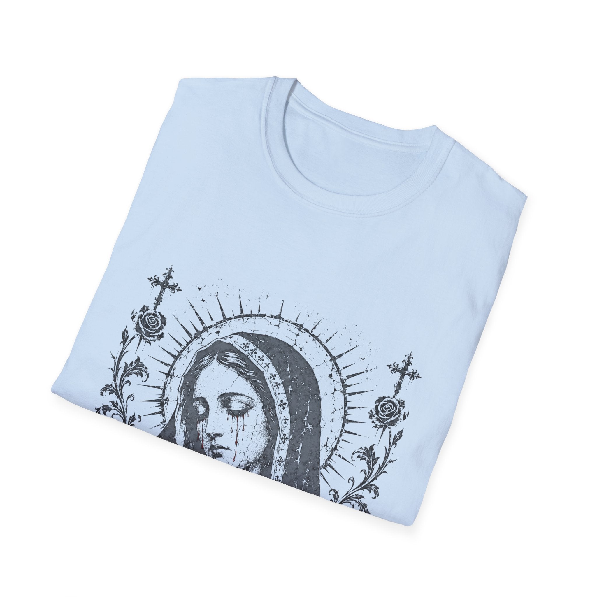 Virgin Mary Sacred Heart Gothic Catholic Dark Mother Mary Icon With Roses And Halo T-Shirt