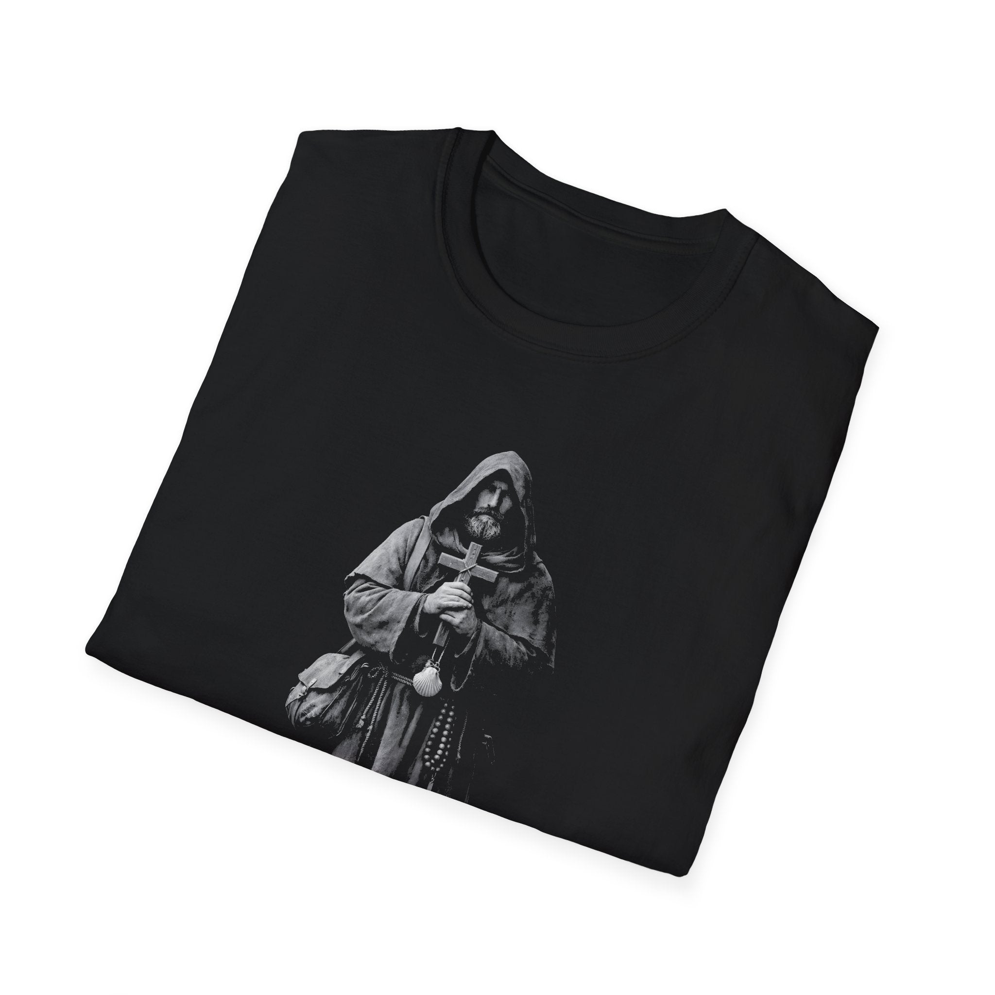 Psalm 23 4 even though i walk through the valley of shadow and death christian monk holding cross T-Shirt