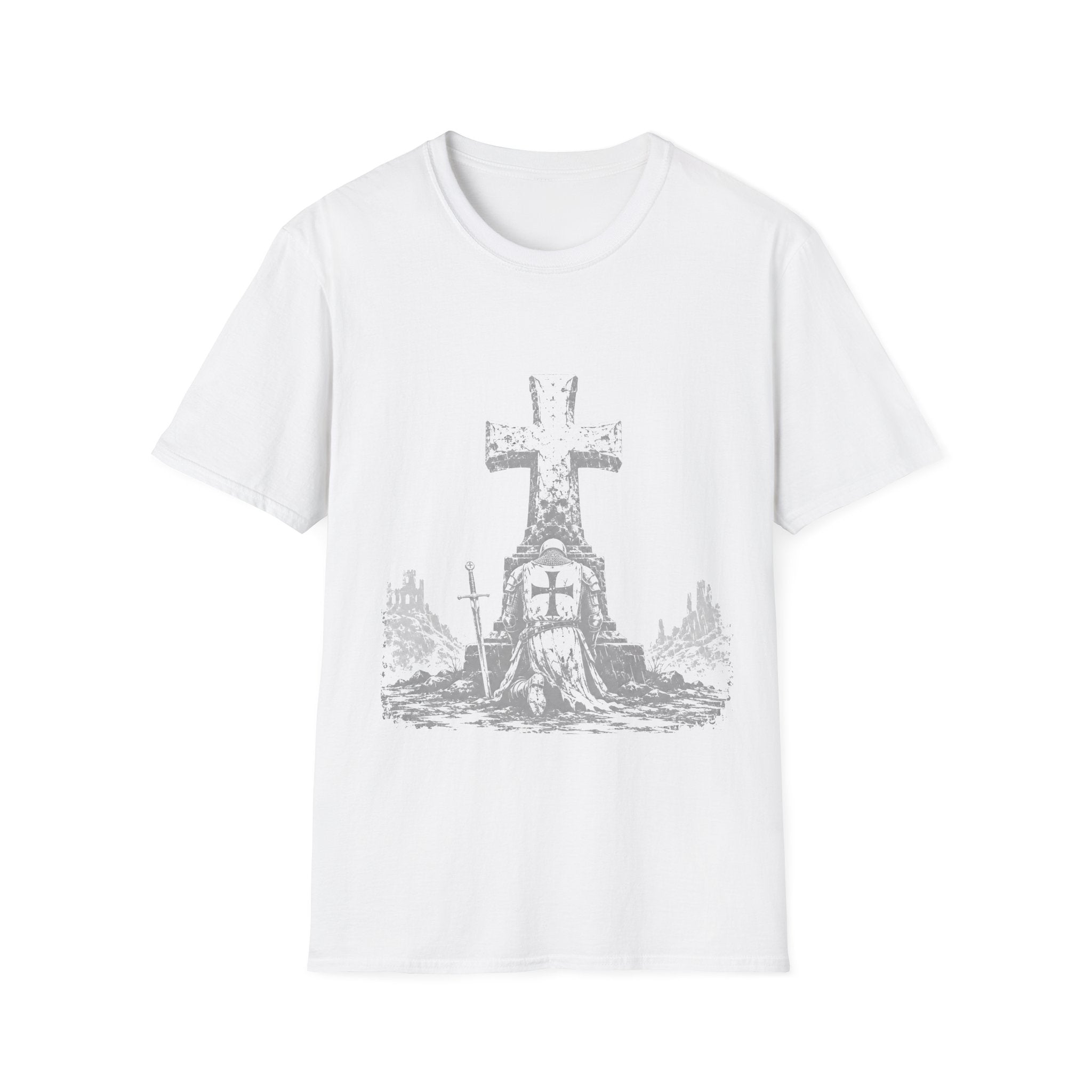 Medieval Crusader Knight Kneeling In Prayer At Cross Christian Warrior Faith T-Shirt