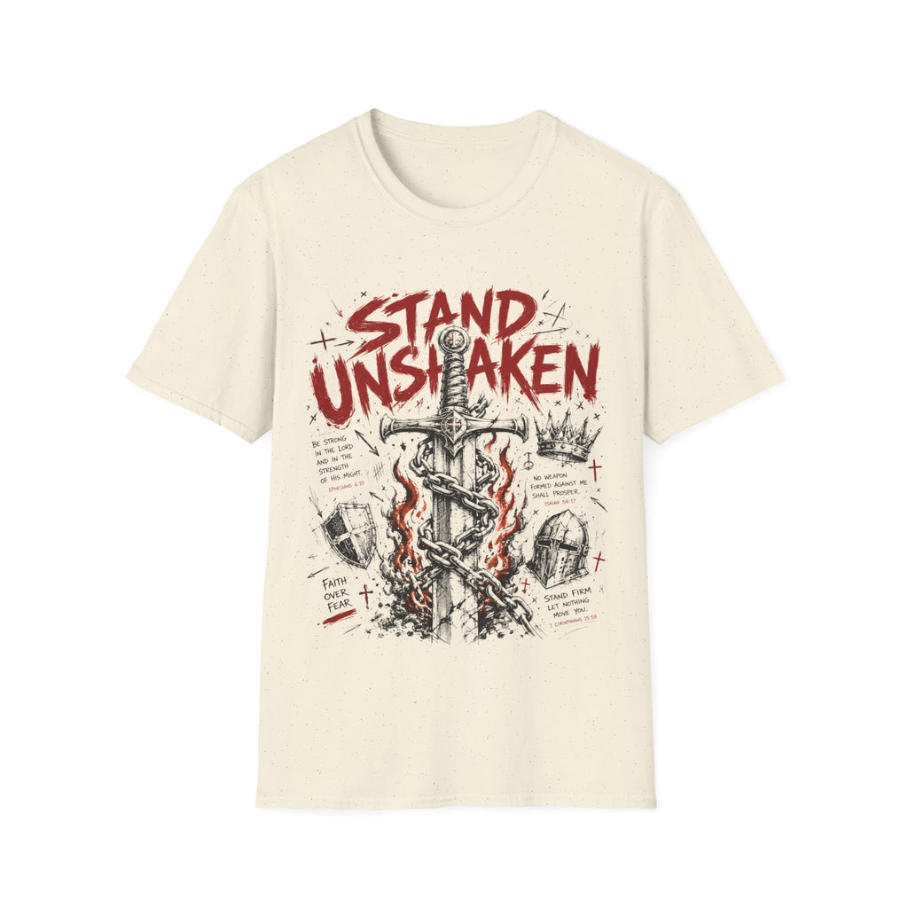 Stand Unshaken Christian Warrior Sword Cross Armor Faith Over Fear Bible Verse Ephesians 6 Isaiah 54 T-Shirt