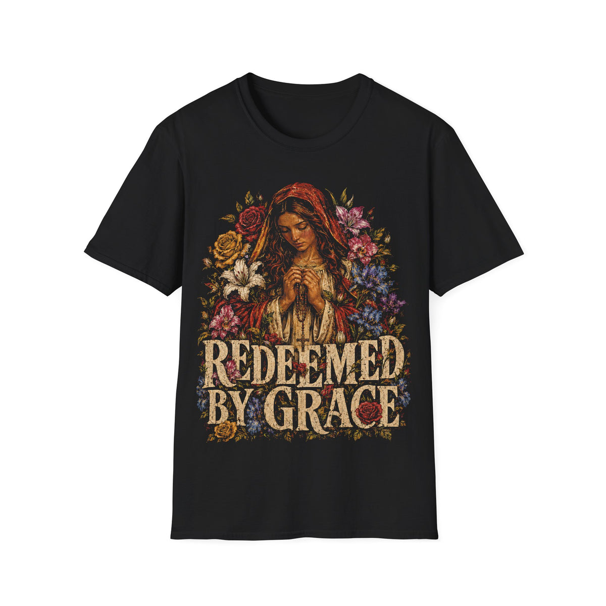 Redeemed By Grace Christian Faith Prayer And Flowers T-Shirt