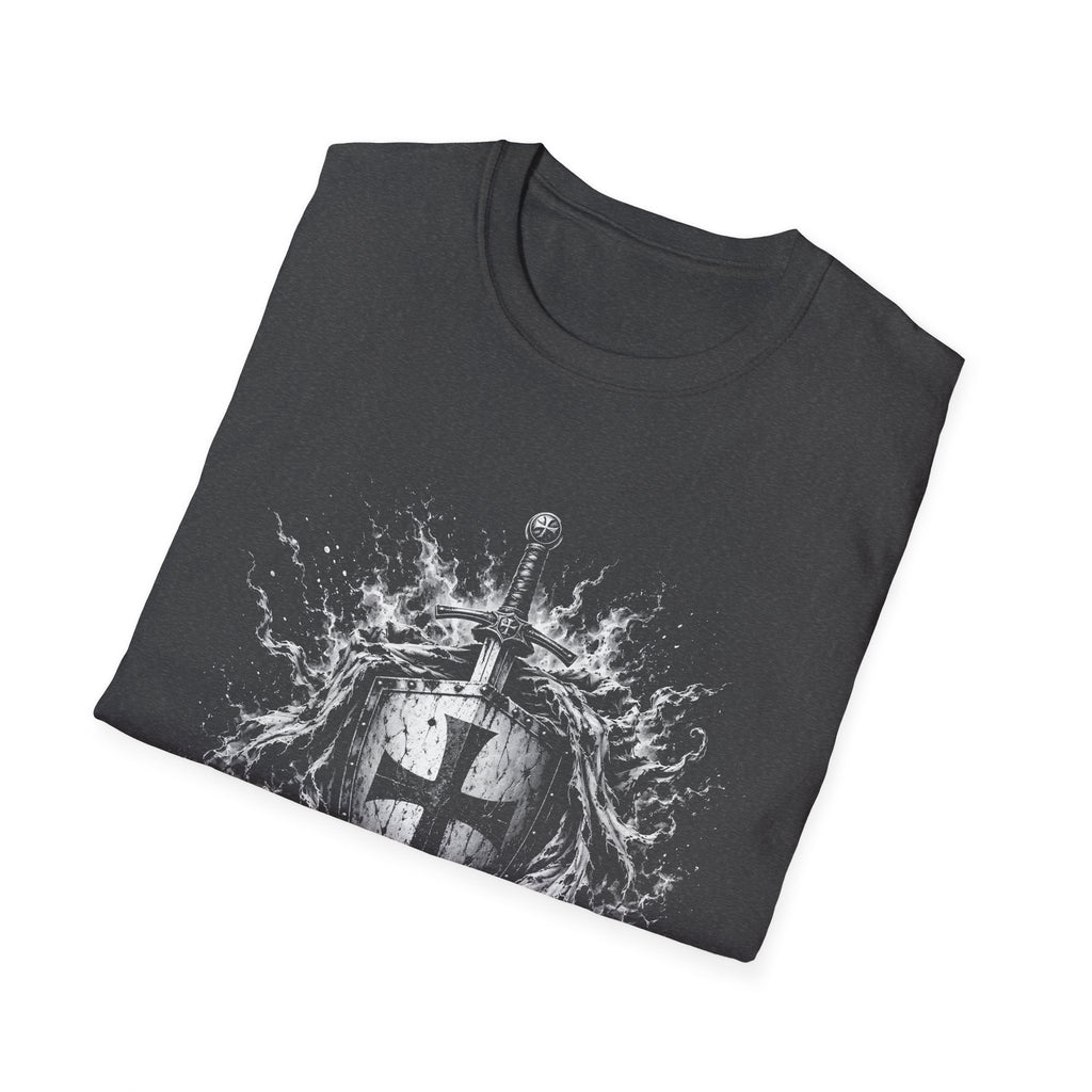 Medieval Crusader Knight Sword And Shield With Flaming Cross Emblem Fantasy Warrior Art T-Shirt