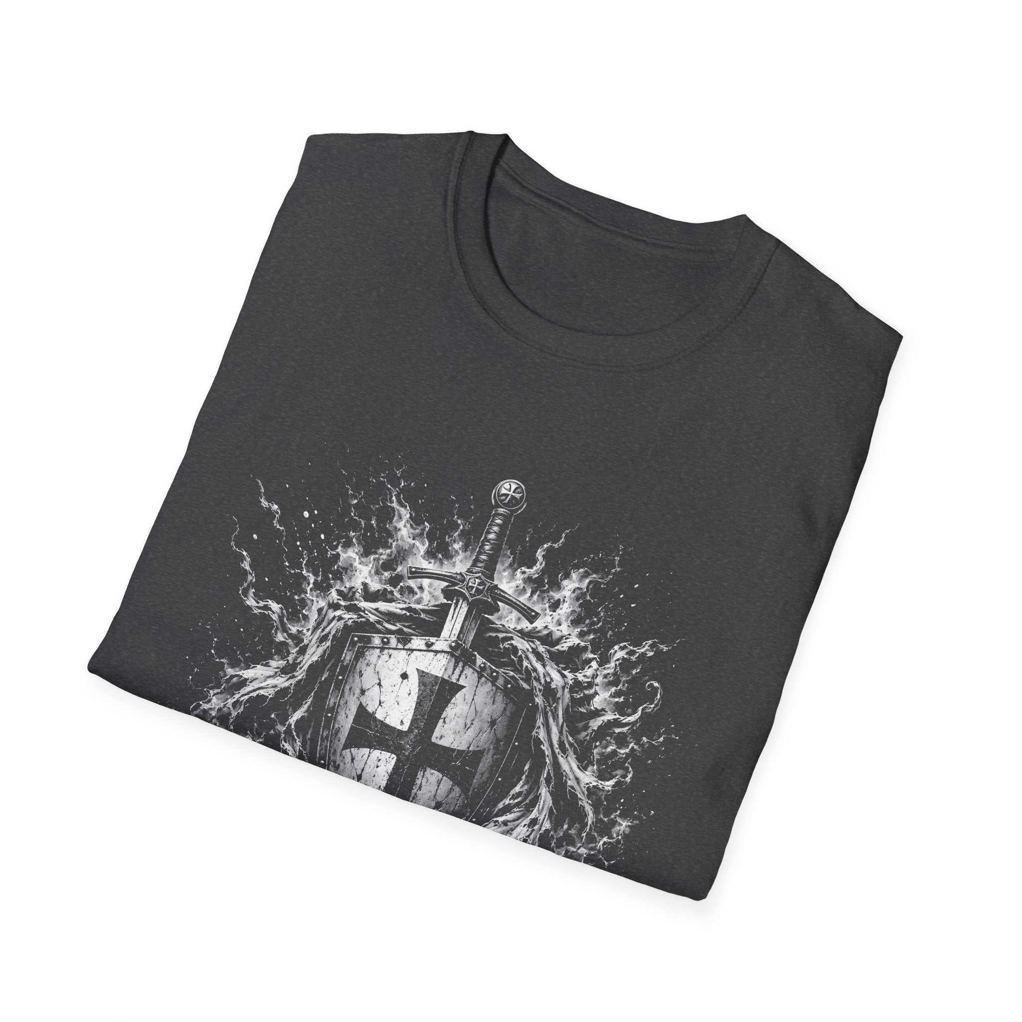 Medieval Crusader Knight Sword And Shield With Flaming Cross Emblem Fantasy Warrior Art T-Shirt