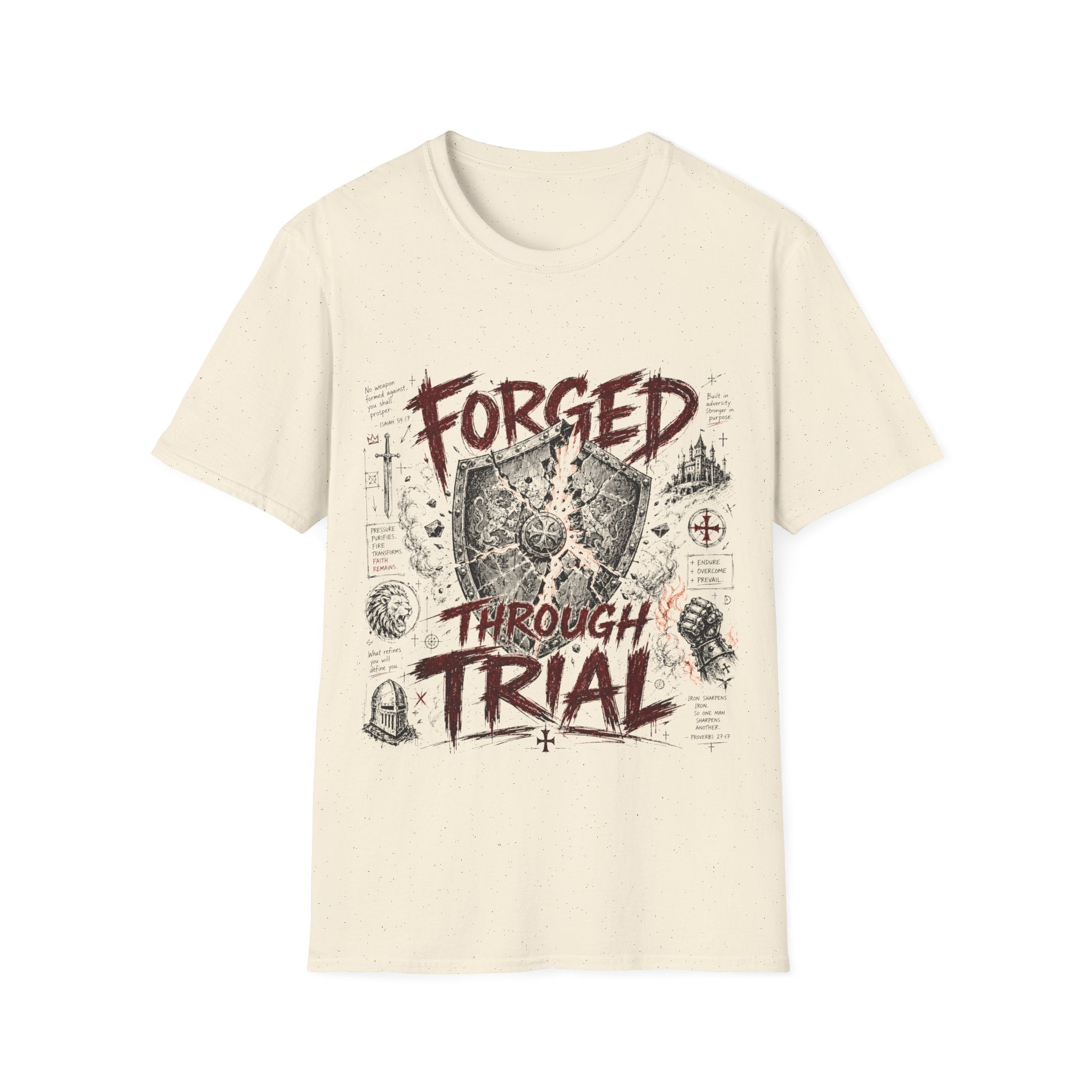 Forged Through Trial Christian Warrior Shield Iron Sharpens Iron Bible Verse Faith T-Shirt
