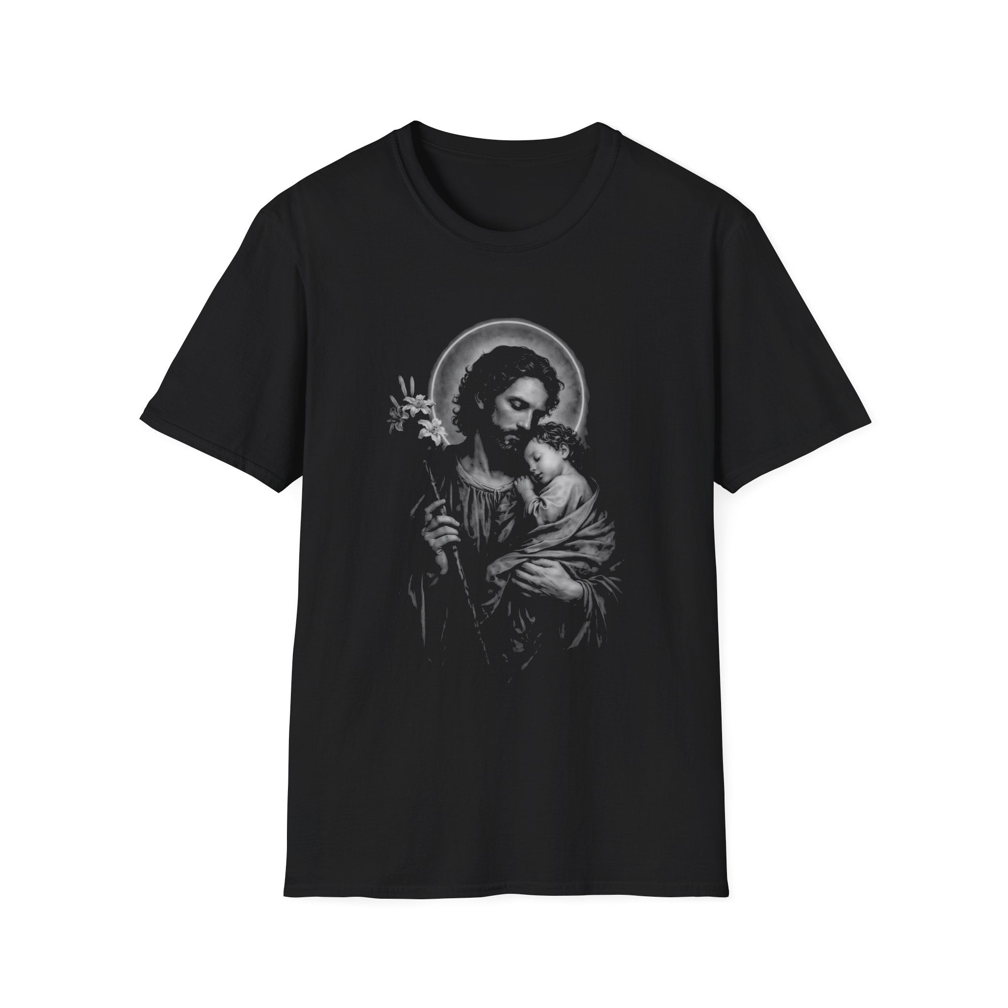 saint joseph holding child jesus sacred catholic fatherhood devotion and protection T-Shirt