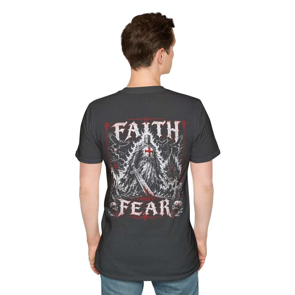 Faith Over Fear Christian Warrior Knight With Cross Storm Gothic Crusader Art Faith Over Fear Scripture Theme T-Shirt