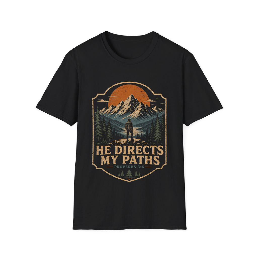 He Directs My Paths Proverbs 3 6 Christian Hiking Mountain Bible Verse Outdoor Faith Landscape T-Shirt
