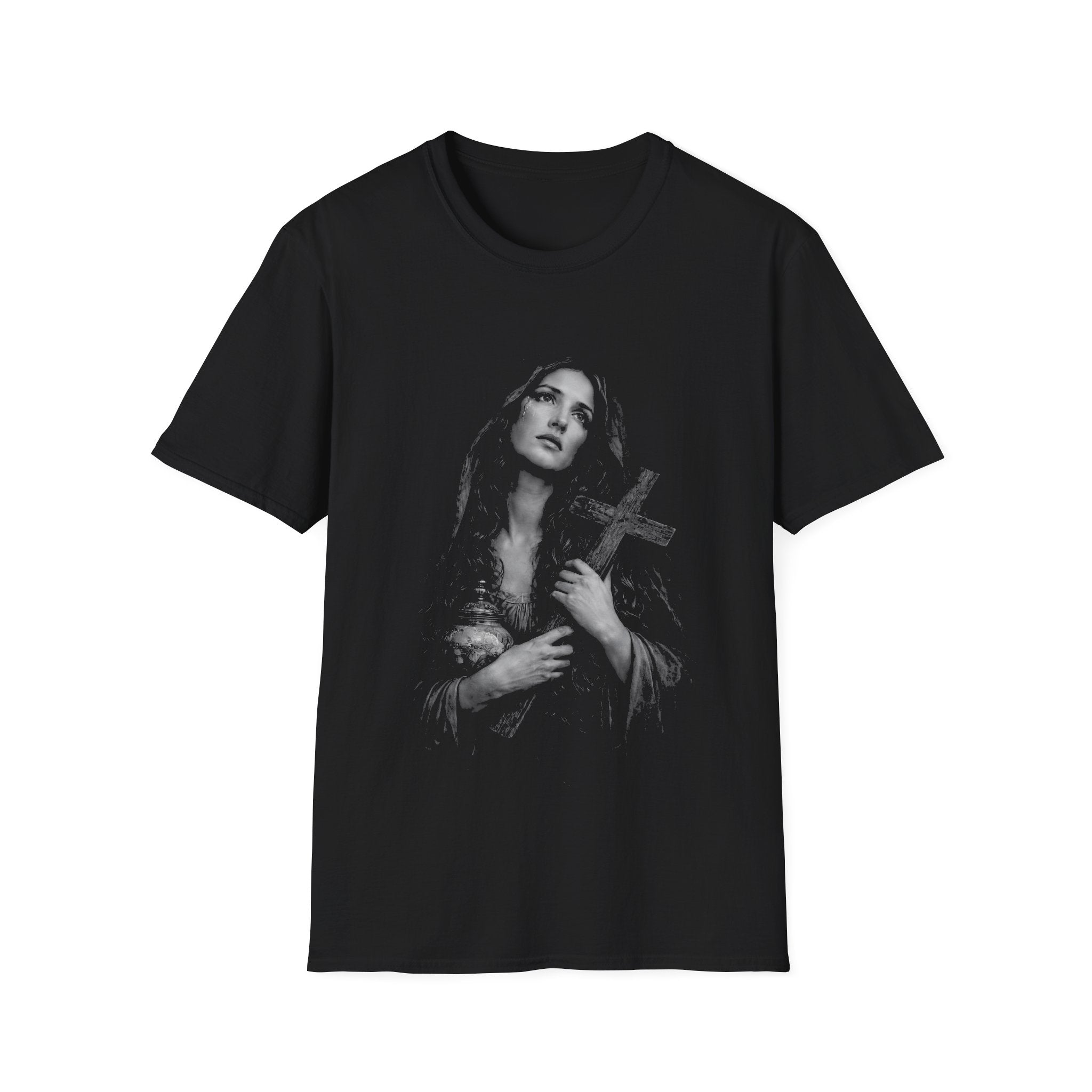 mary magdalene weeping with cross dark christian gothic spiritual portrait in black and white T-Shirt