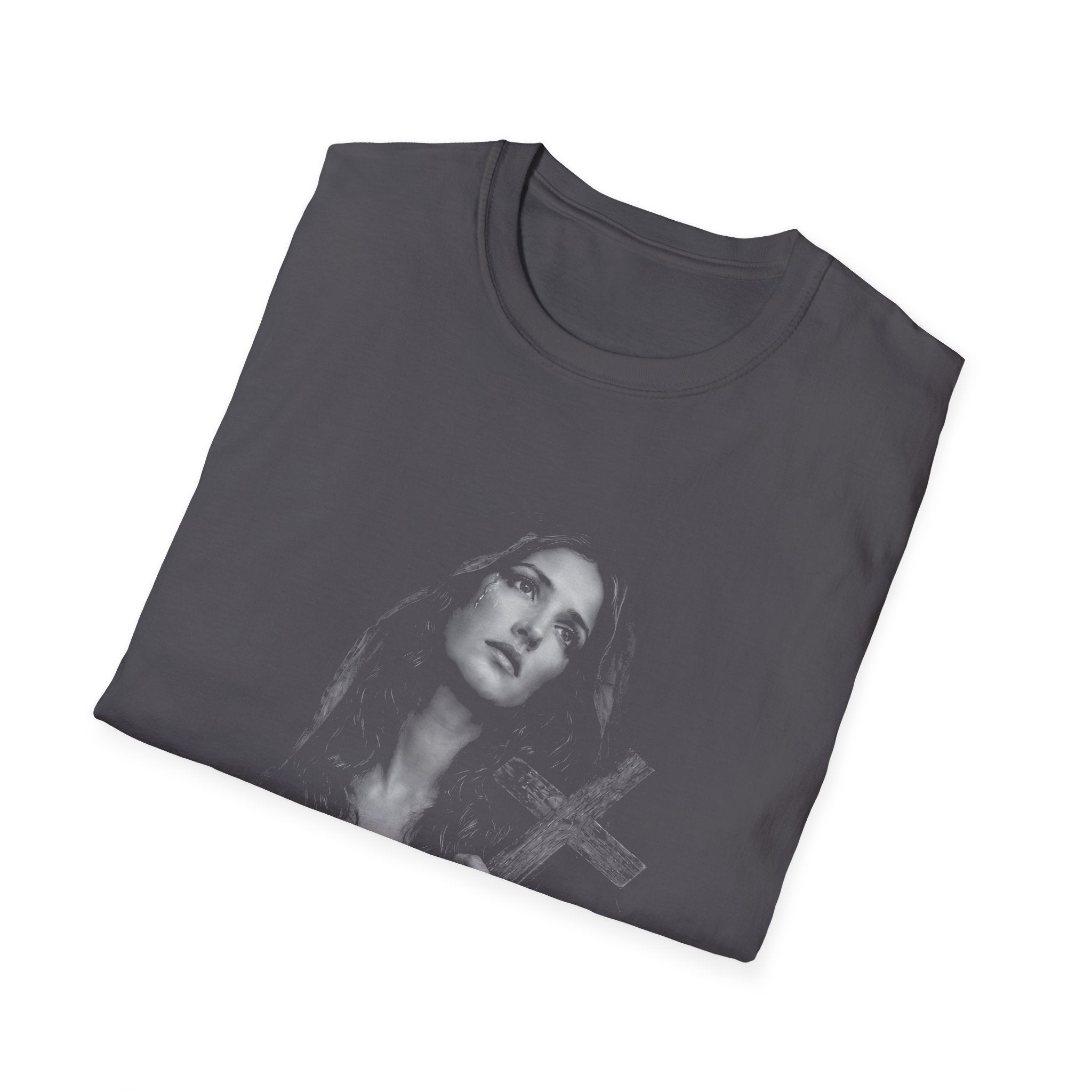 mary magdalene weeping with cross dark christian gothic spiritual portrait in black and white T-Shirt