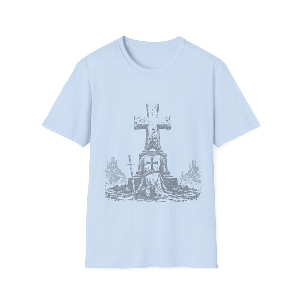 Medieval Crusader Knight Kneeling In Prayer At Cross Christian Warrior Faith T-Shirt