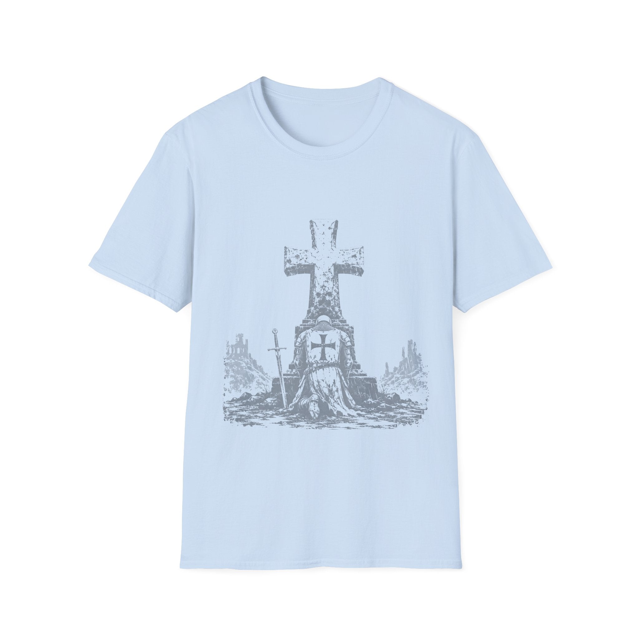 Medieval Crusader Knight Kneeling In Prayer At Cross Christian Warrior Faith T-Shirt