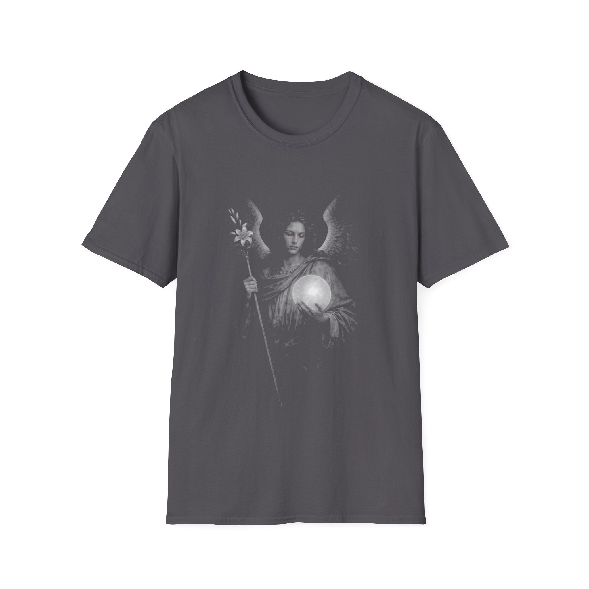 Archangel guardian with moon orb and white lily spiritual angelic symbol for gothic aesthetic lovers T-Shirt