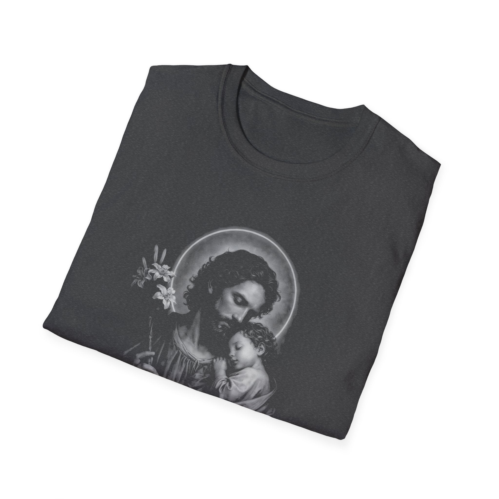 saint joseph holding child jesus sacred catholic fatherhood devotion and protection T-Shirt