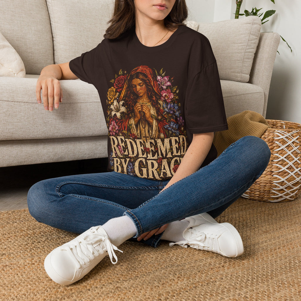 Redeemed By Grace Christian Faith Prayer And Flowers T-Shirt