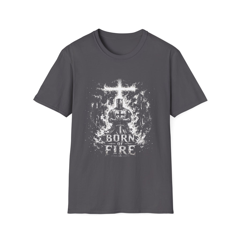 Born Of Fire Christian Knight Cross Crusader Medieval Warrior Faith Flames T-Shirt