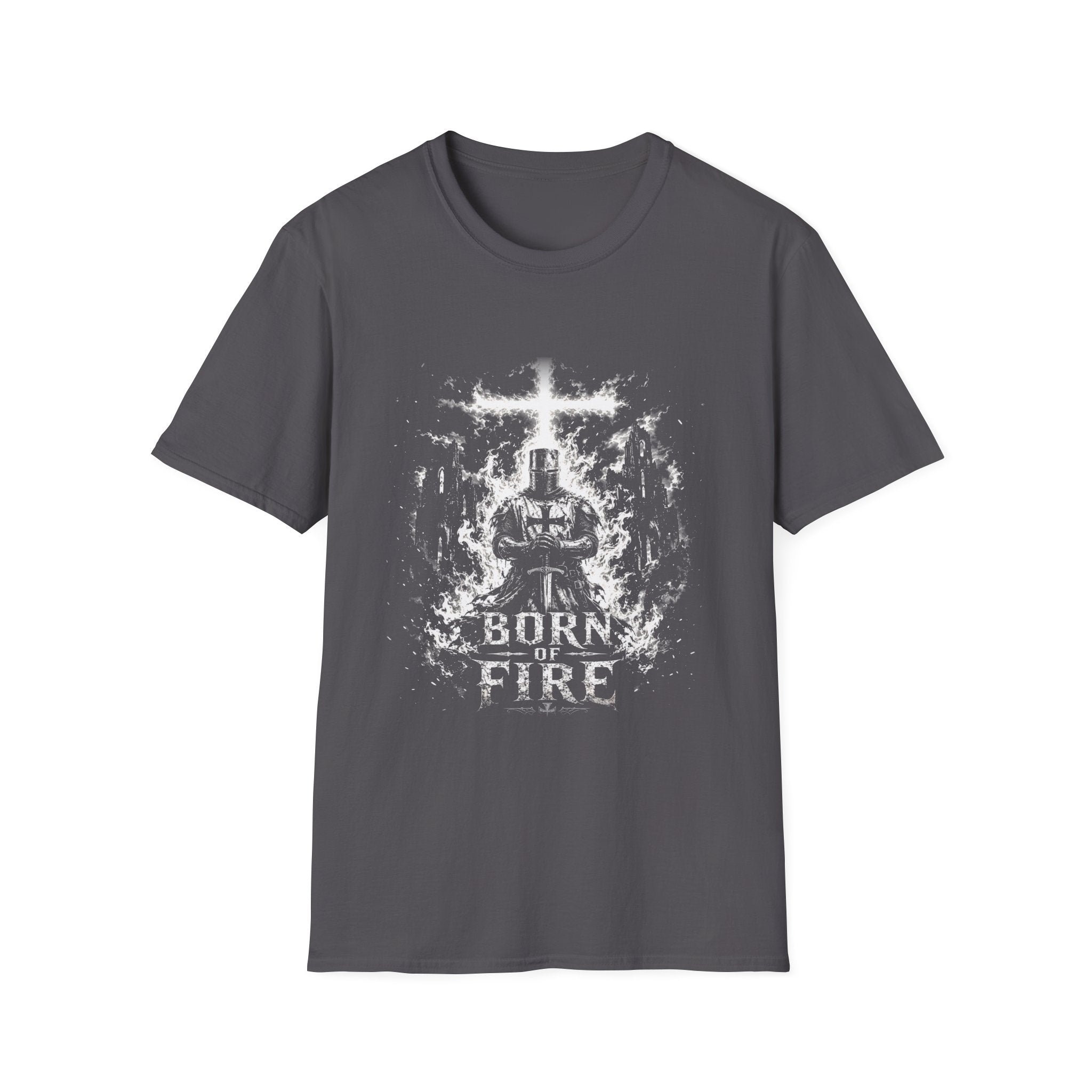 Born Of Fire Christian Knight Cross Crusader Medieval Warrior Faith Flames T-Shirt