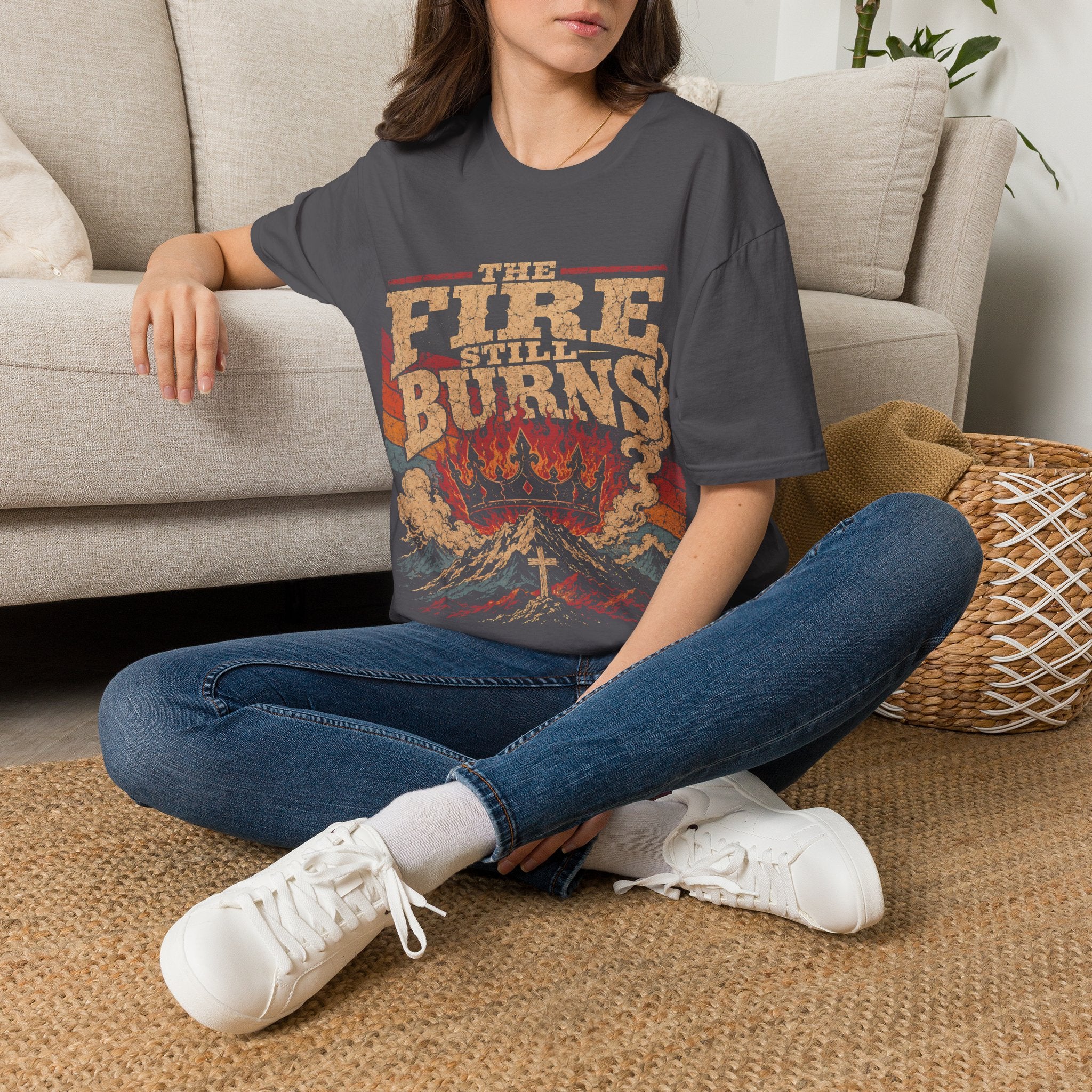 The Fire Still Burns Christian Revival Cross Crown Retro Vintage Faith Jesus T-Shirt